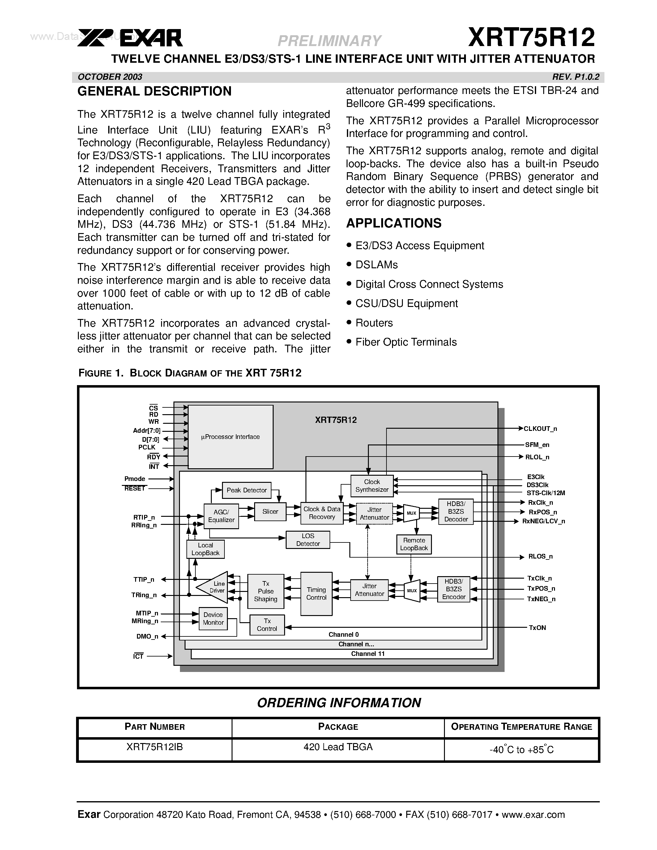 Datasheet XRT75R12 page 1 Datasheet XRT75R12 - TWELVE CHANNEL E3/DS3/STS-1 LINE INTERFACE UNIT page 1