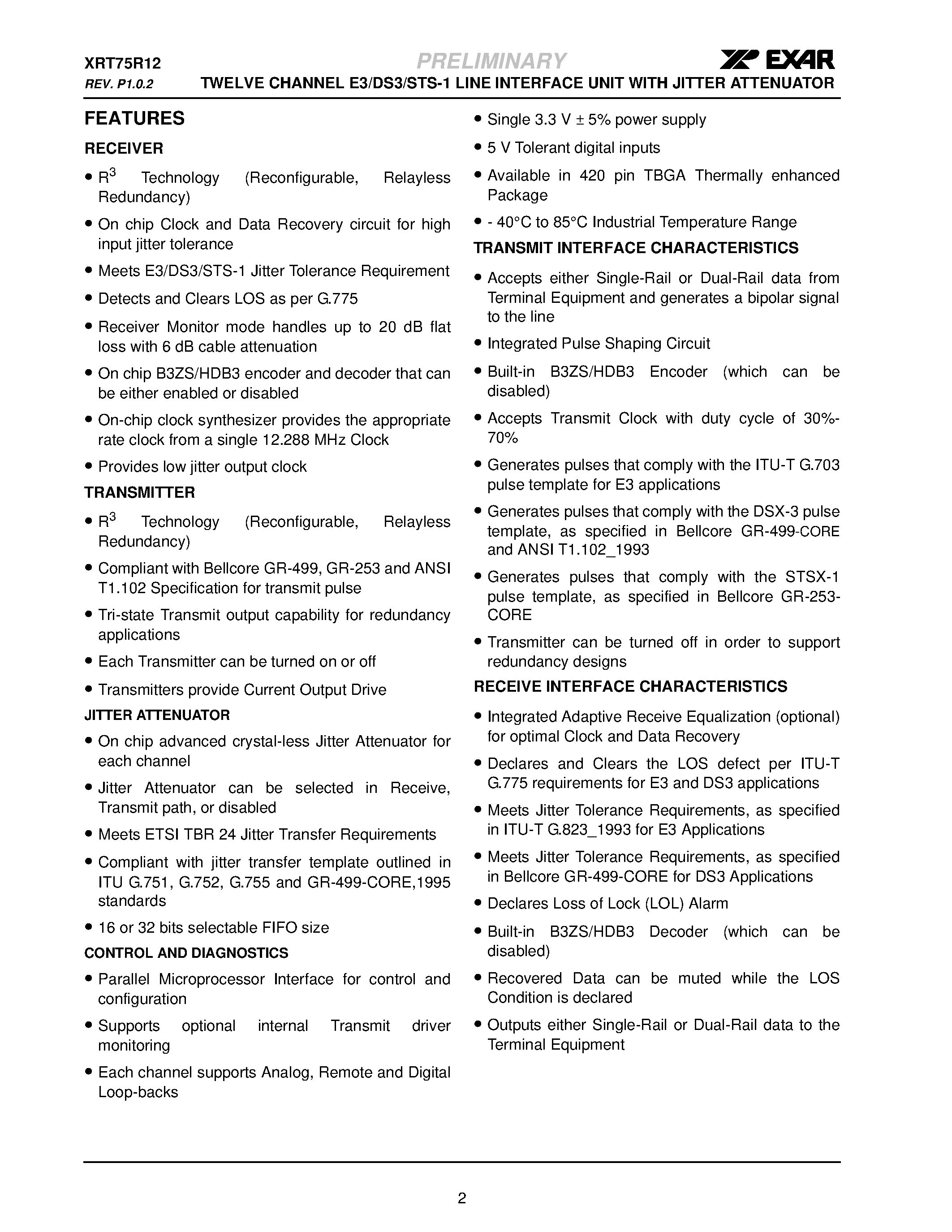 Datasheet XRT75R12 - TWELVE CHANNEL E3/DS3/STS-1 LINE INTERFACE UNIT page 2