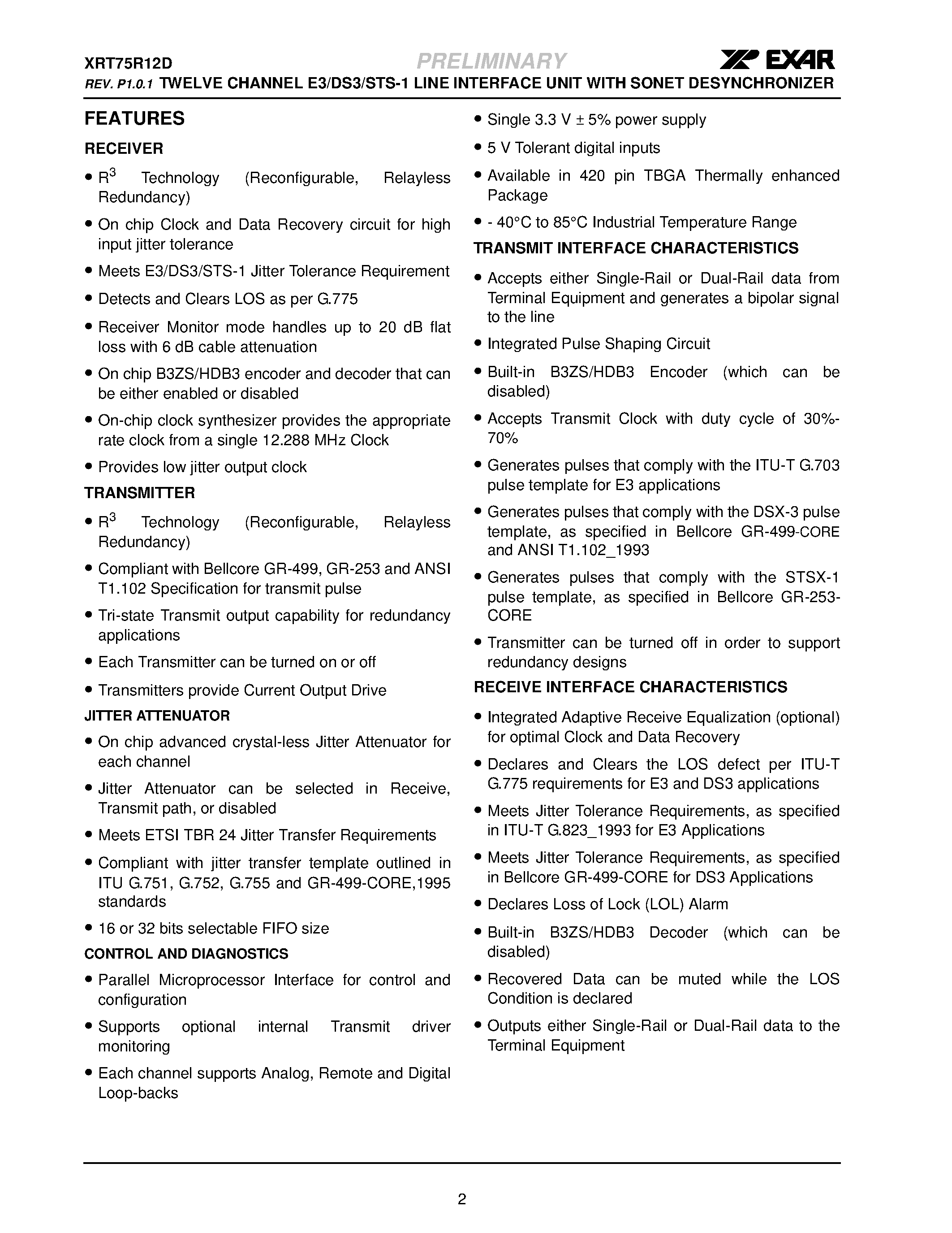 Datasheet XRT75R12D - TWELVE CHANNEL E3/DS3/STS-1 LINE INTERFACE UNIT page 2