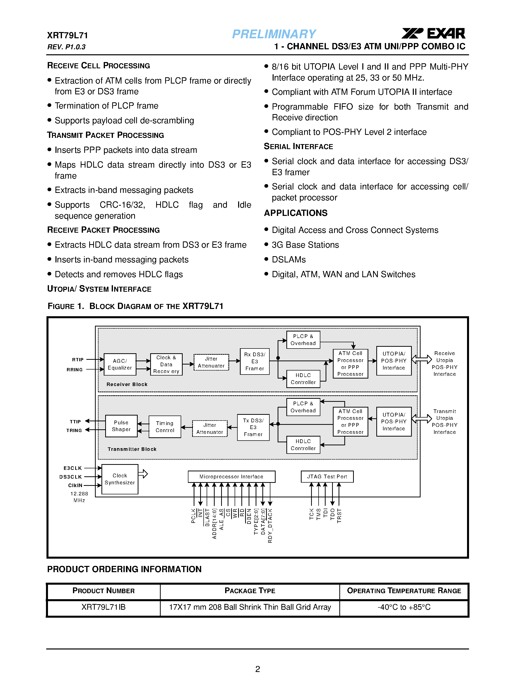 Datasheet XRT79L71 page 2 Datasheet XRT79L71 - 1-CHANNEL DS3/E3 ATM UNI/PPP COMBO IC page 2