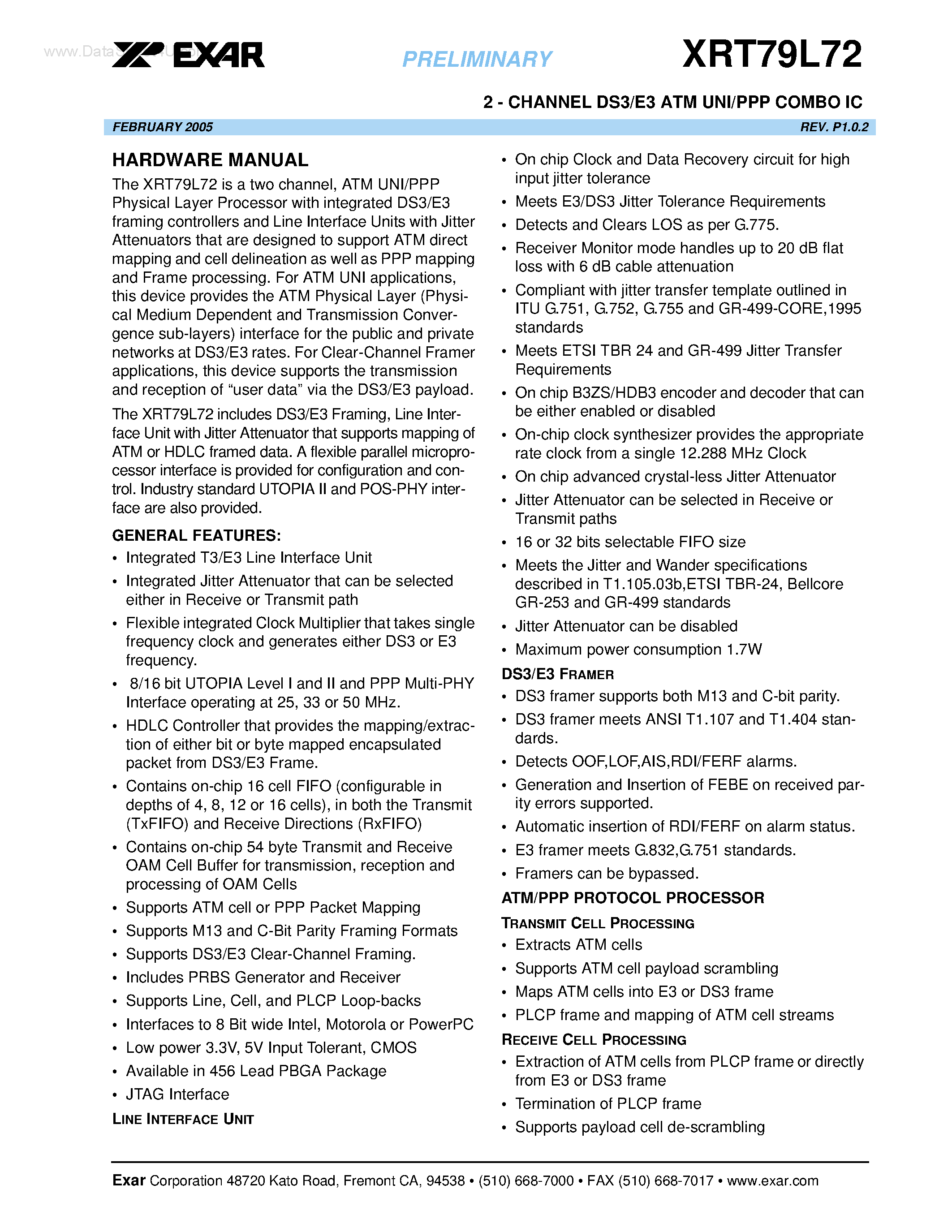 Datasheet XRT79L72 - 2-CHANNEL DS3/E3 ATM UNI/PPP COMBO IC page 1