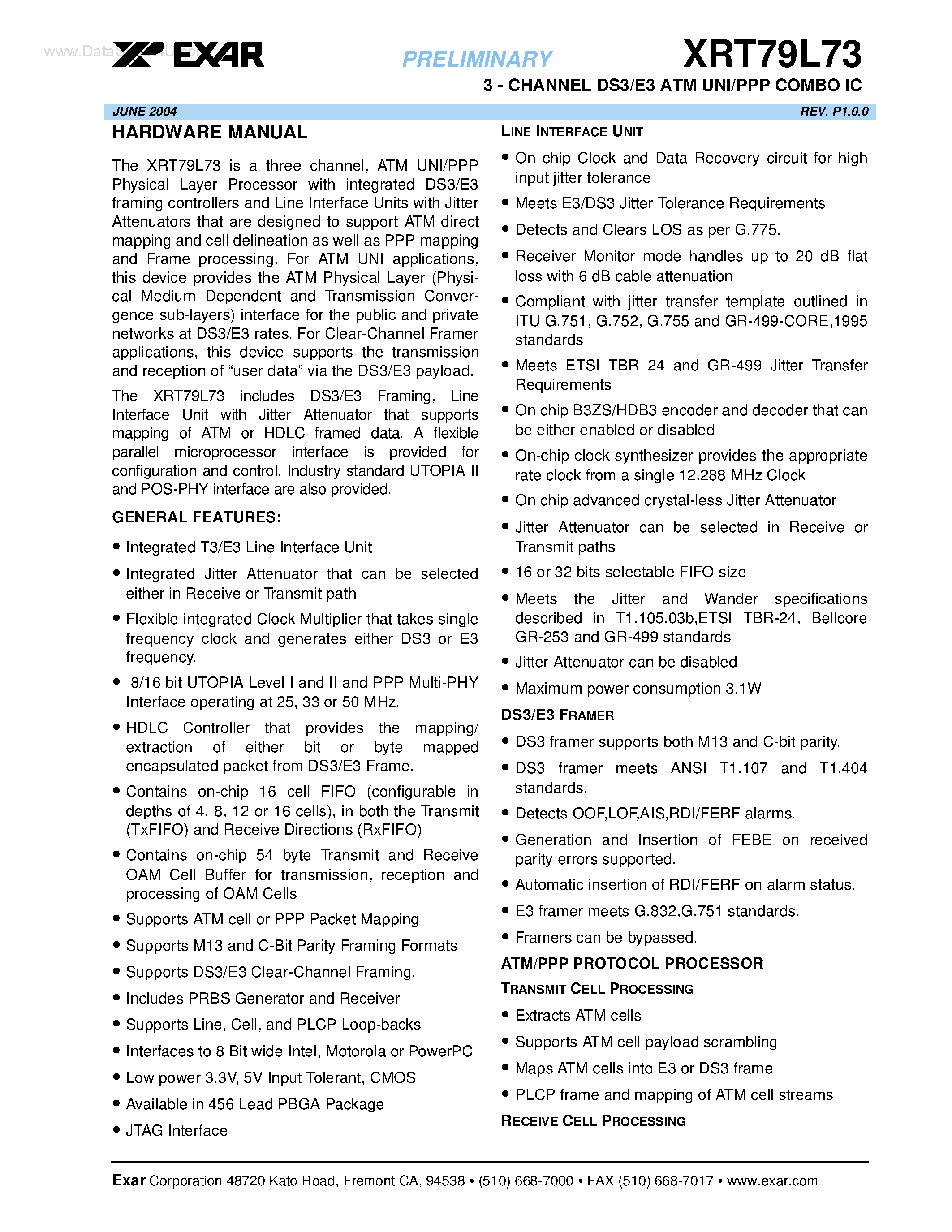 Даташит XRT79L73 - 3-CHANNEL DS3/E3 ATM UNI/PPP COMBO IC страница 1
