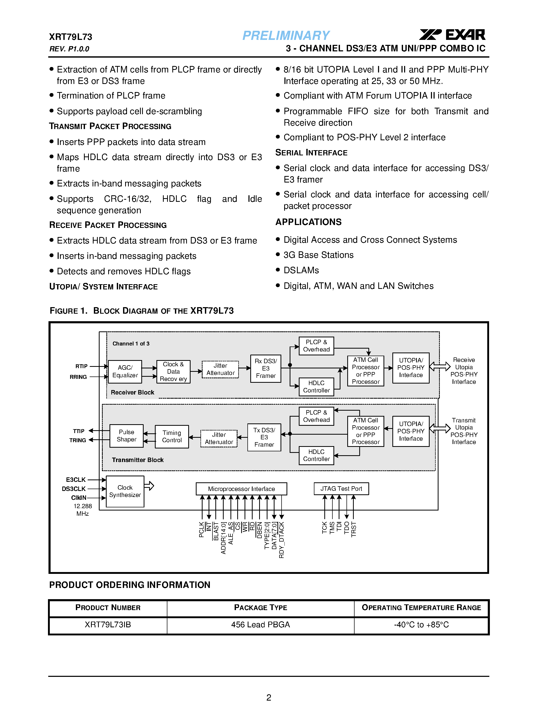 Даташит XRT79L73 - 3-CHANNEL DS3/E3 ATM UNI/PPP COMBO IC страница 2
