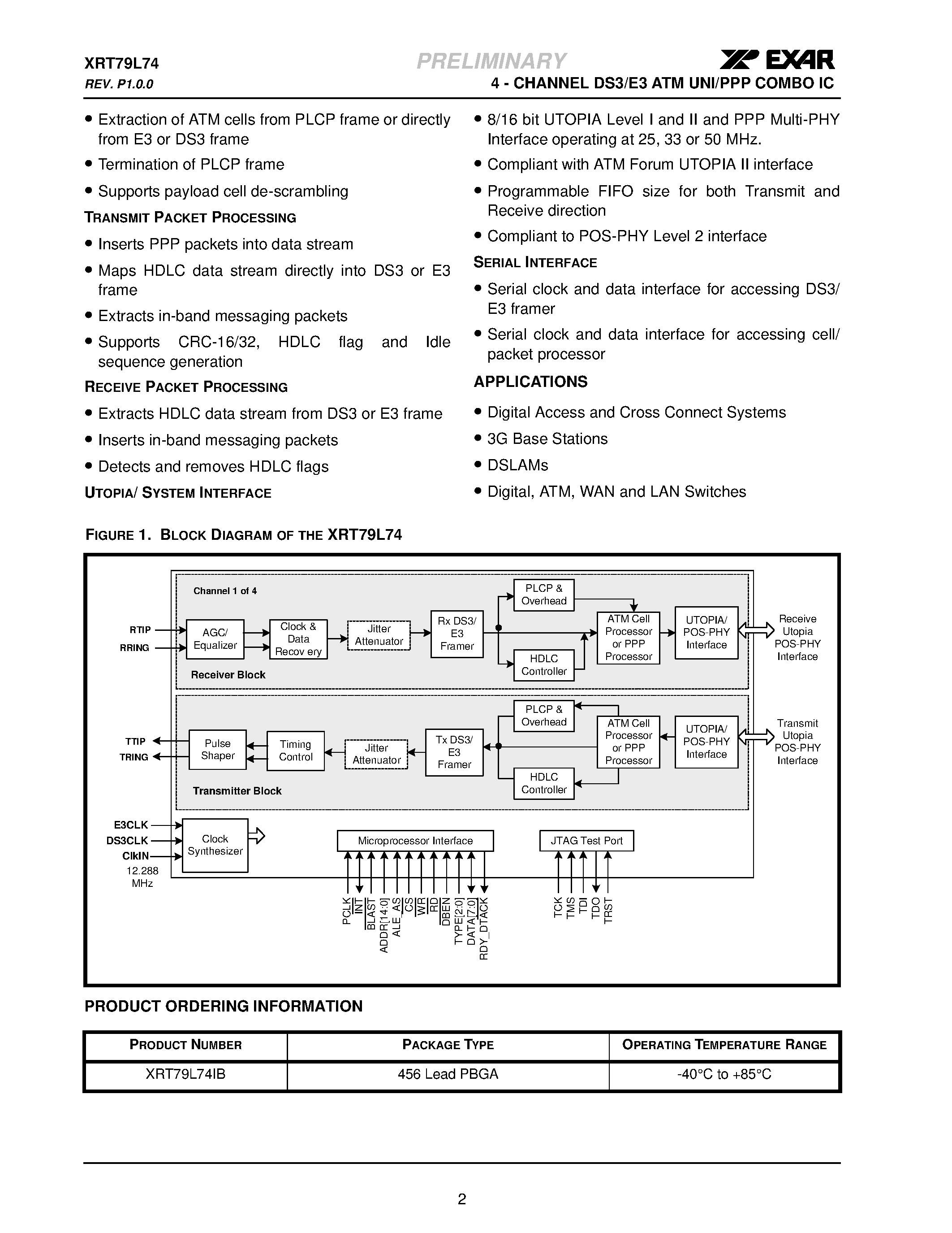Даташит XRT79L74 - 4-CHANNEL DS3/E3 ATM UNI/PPP COMBO IC страница 2