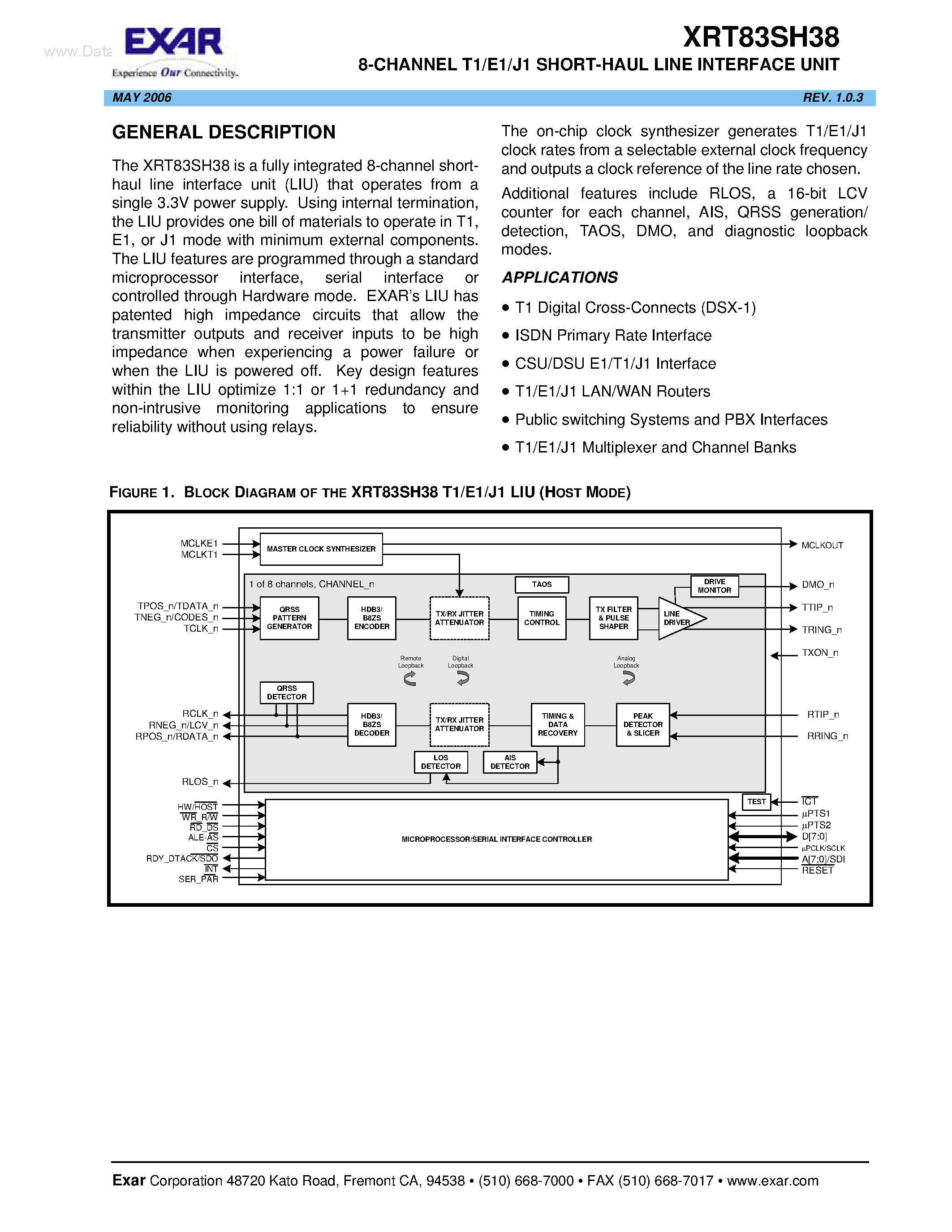 Даташит на микросхему XRT83SH38 страница 1 Даташит XRT83SH38 - 8-CHANNEL T1/E1/J1 SHORT-HAUL LINE INTERFACE UNIT страница 1