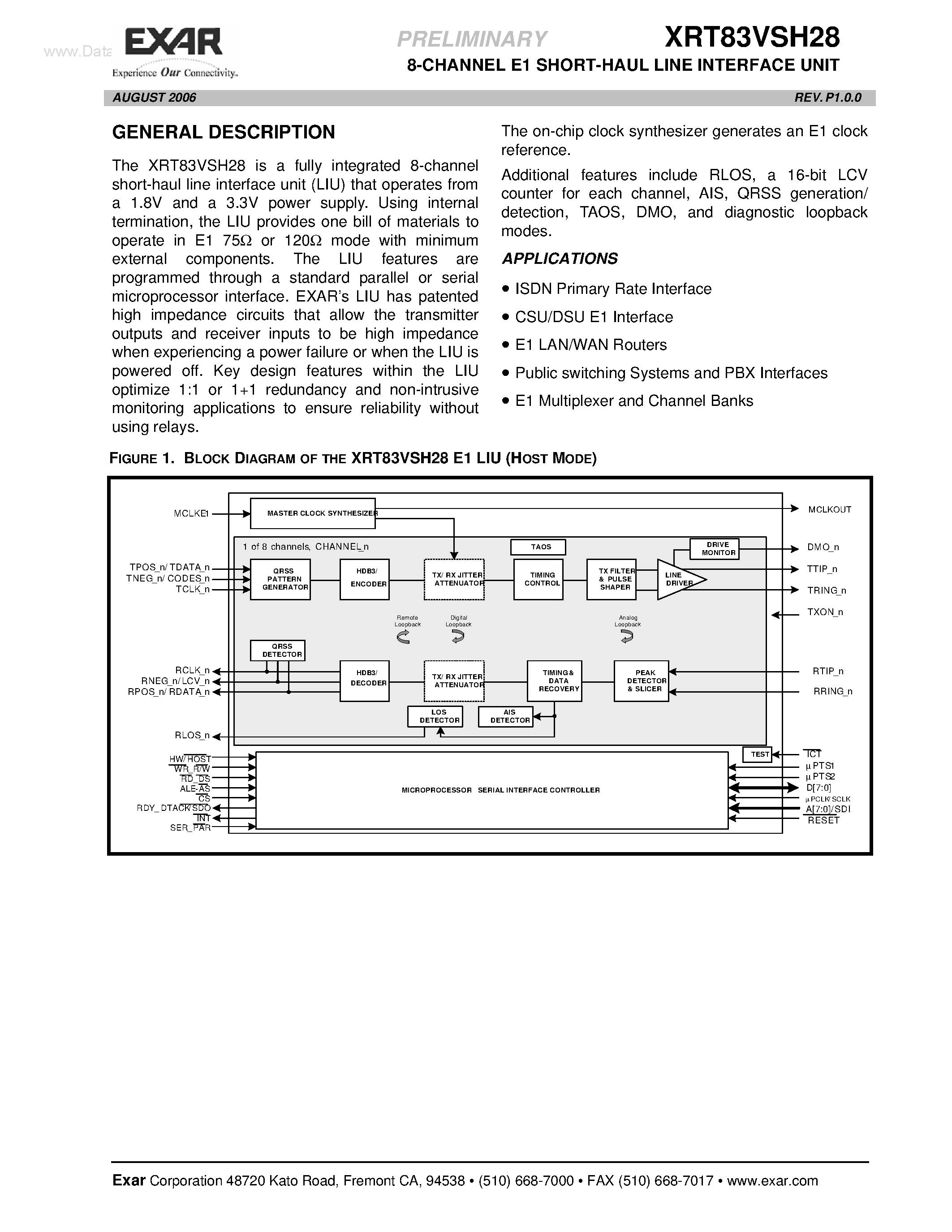 Datasheet XRT83VSH28 - 8-CHANNEL E1 SHORT-HAUL LINE INTERFACE UNIT page 1