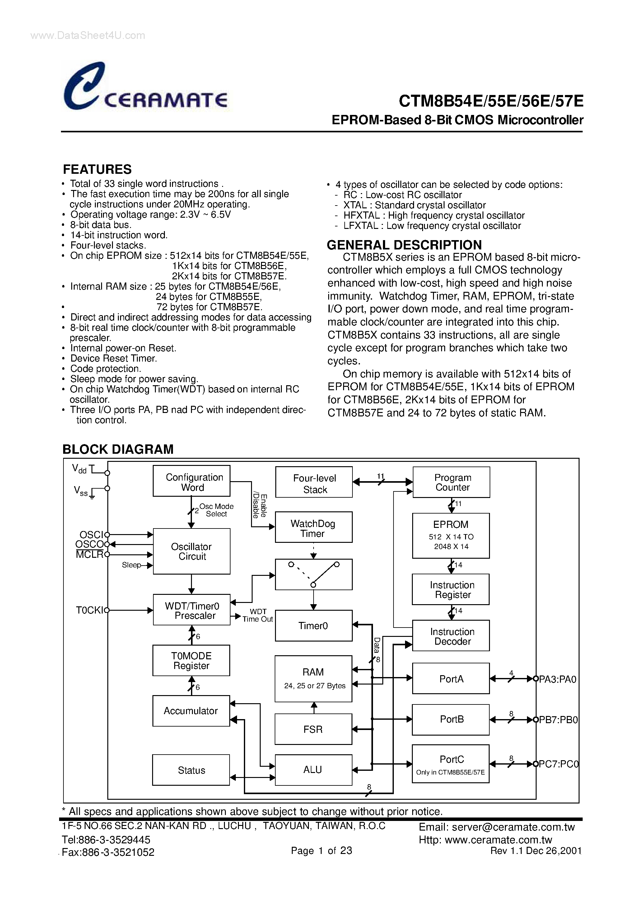Даташит на микросхему CTM8B54E страница 1 Даташит CTM8B54E - (CTM8B54E - CTM8B57E) EPROM-Based 8-Bit COMS Microcontroller страница 1