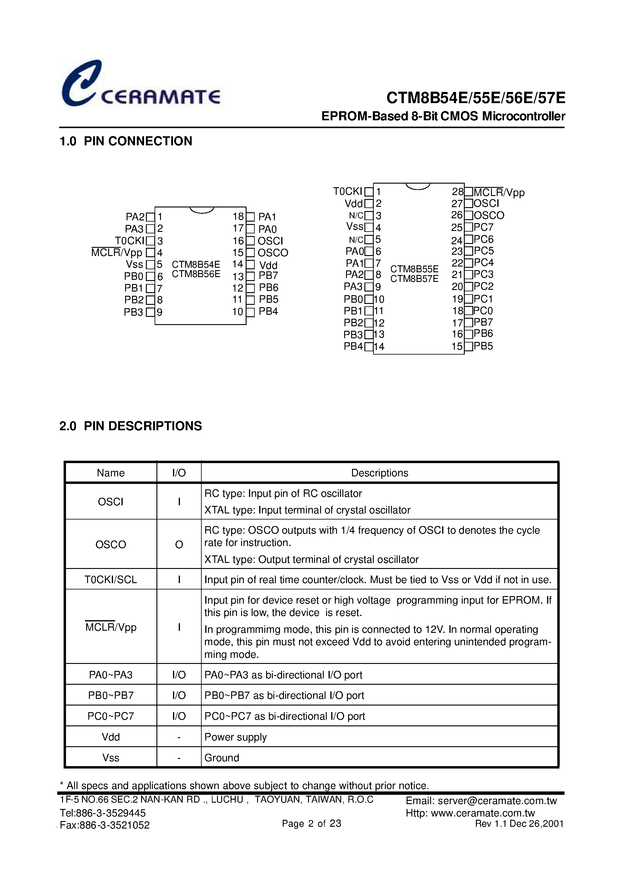 Даташит на микросхему CTM8B54E страница 2 Даташит CTM8B54E - (CTM8B54E - CTM8B57E) EPROM-Based 8-Bit COMS Microcontroller страница 2