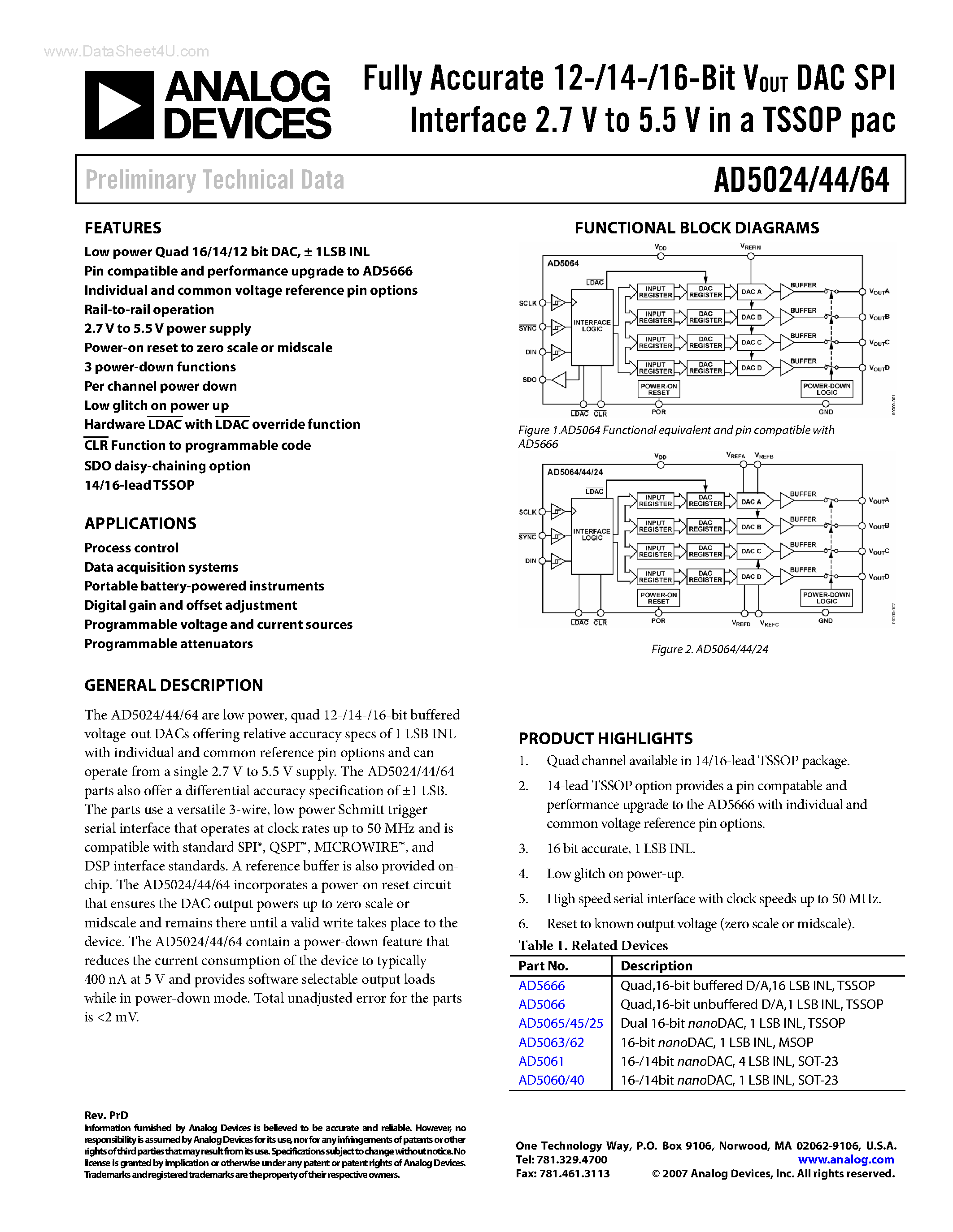Даташит на микросхему AD5024 страница 1 Даташит AD5024 - (AD50x4) DAC SPI Interface страница 1