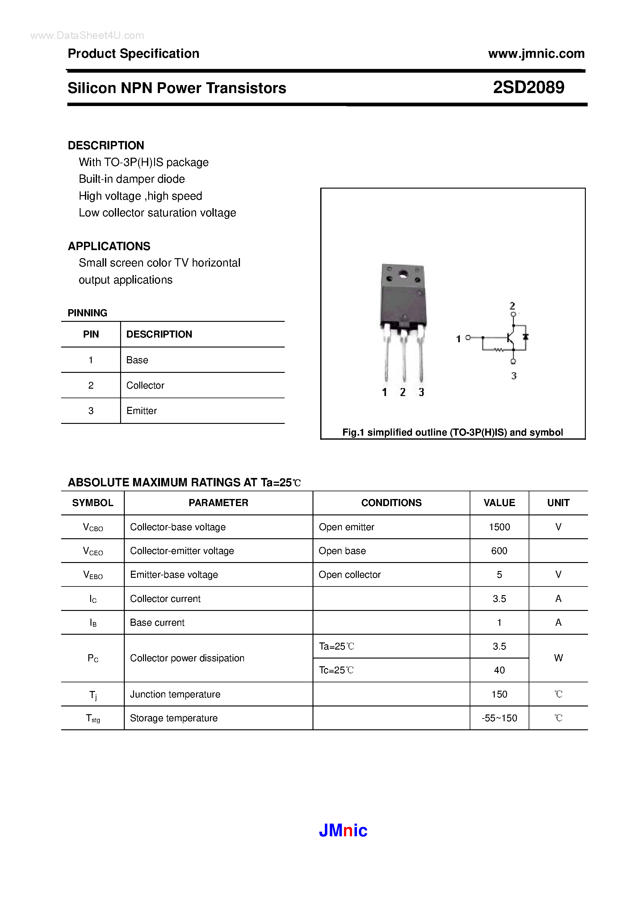 Даташит 2SD2089 - Silicon NPN Power Transistors страница 1