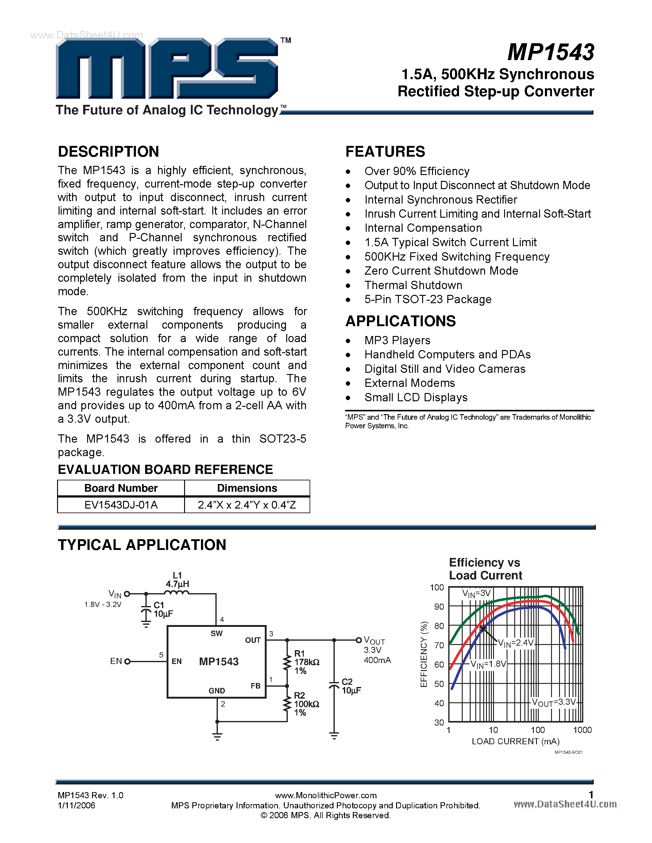 Datasheet MP1543 page 1 Datasheet MP1543 - 500KHz Synchronous Rectified Step-up Converter page 1