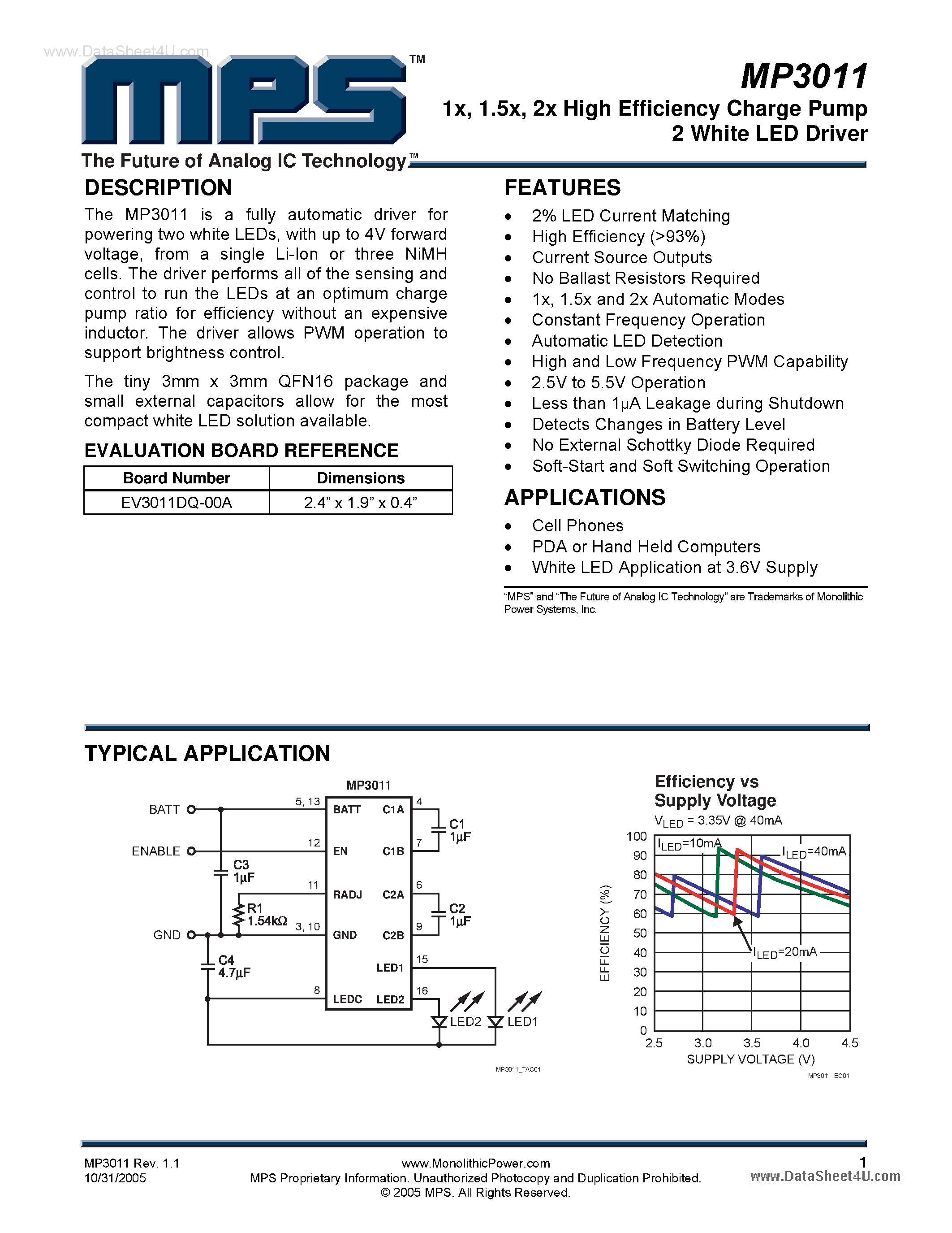 Datasheet MP3011 - High Efficiency Charge Pump 2 White LED Driver page 1