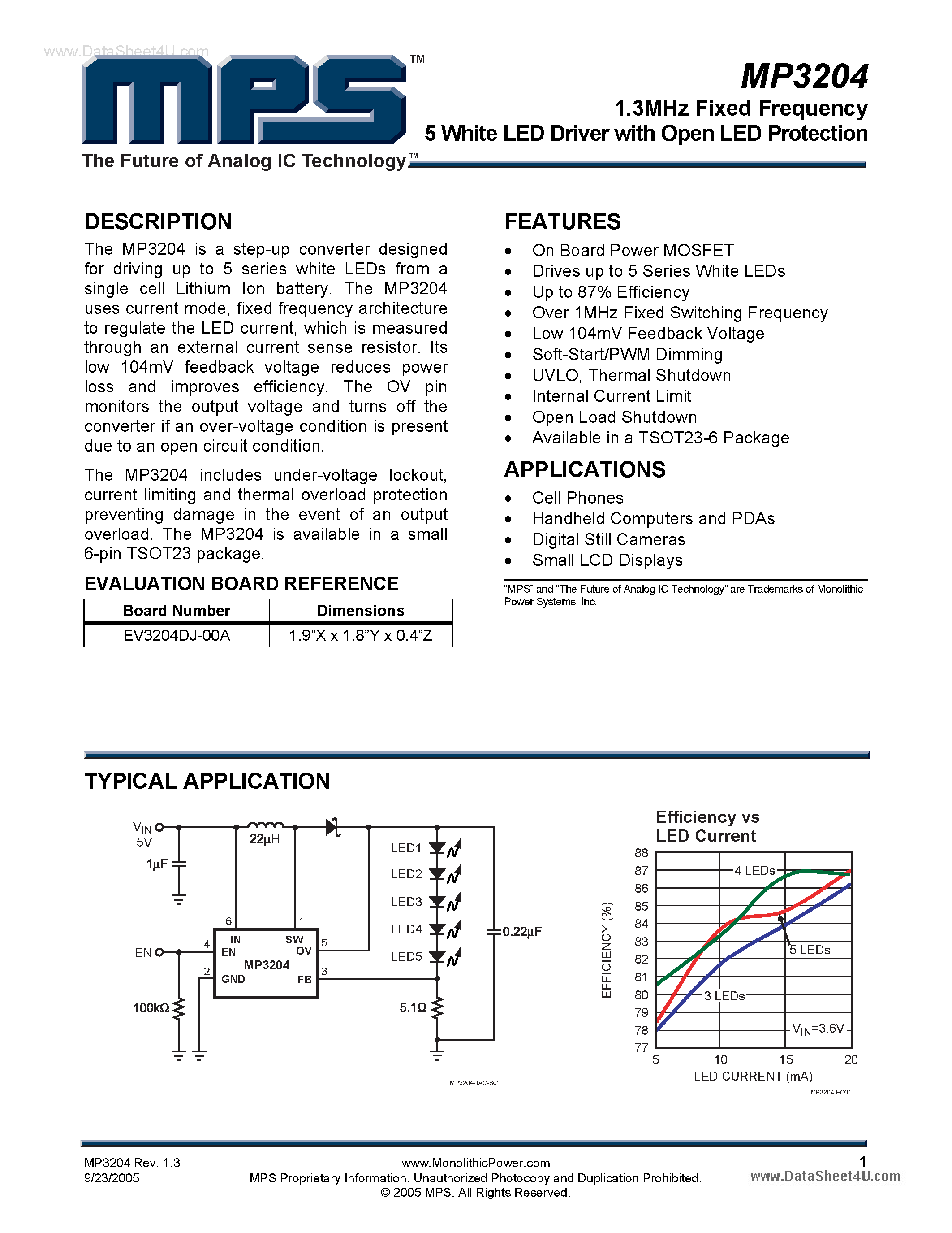 Datasheet MP3204 - 1.3MHz Fixed Frequency 5 White LED Driver page 1