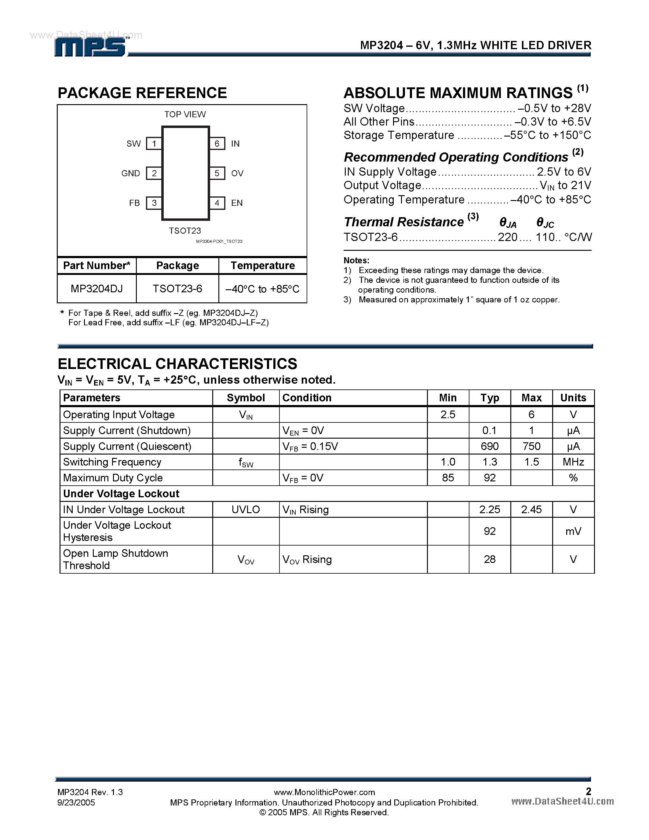Datasheet MP3204 - 1.3MHz Fixed Frequency 5 White LED Driver page 2