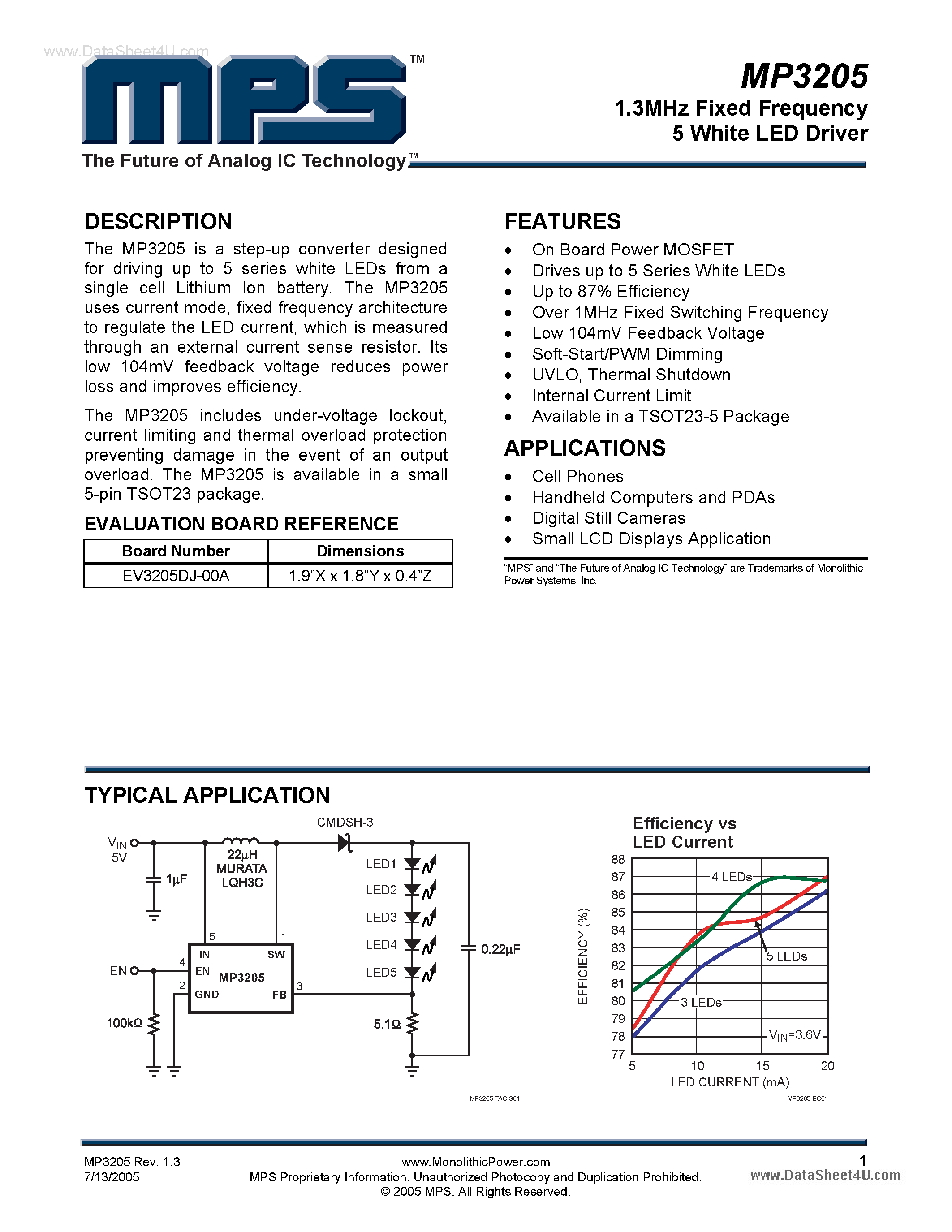 Datasheet MP3205 - 1.3MHz Fixed Frequency 5 White LED Driver page 1
