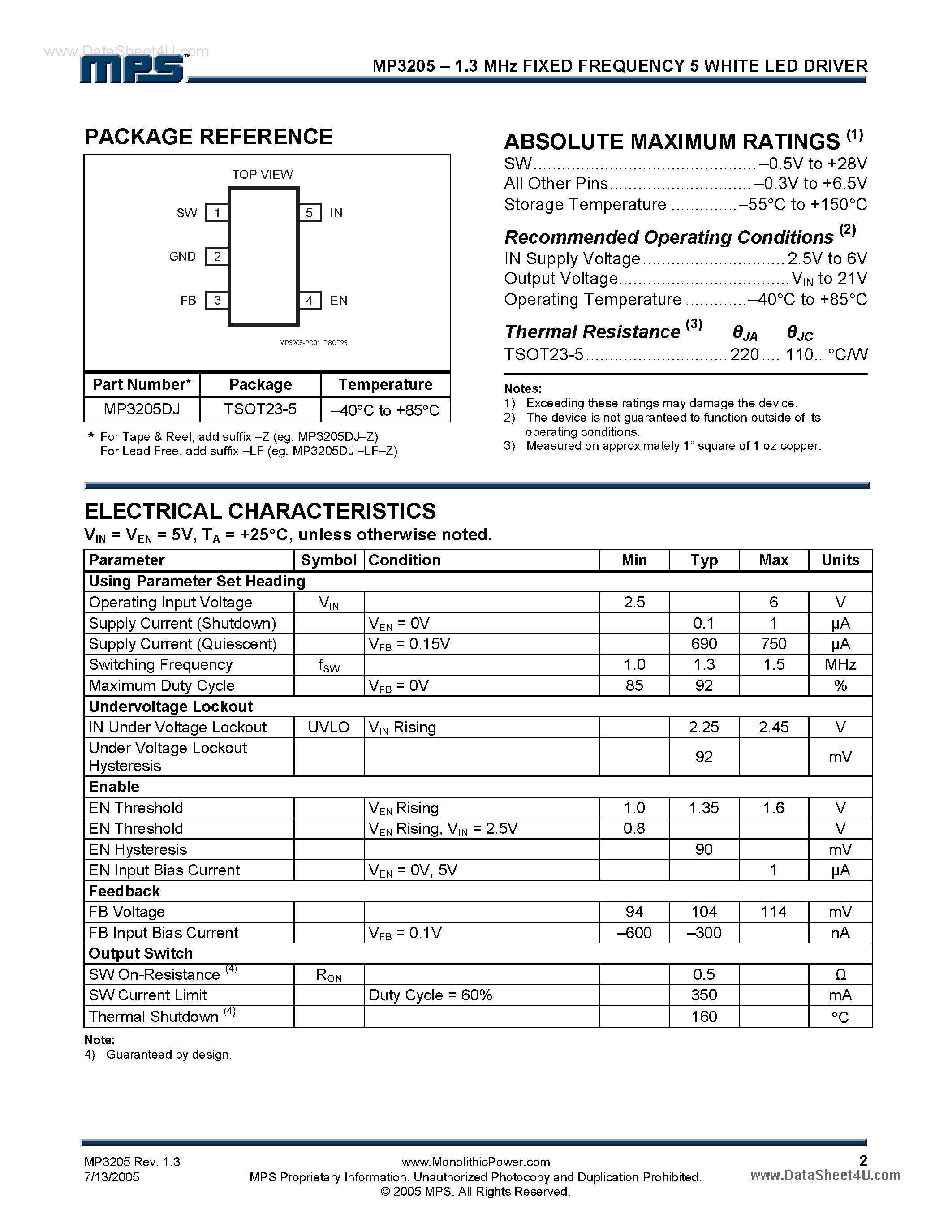 Datasheet MP3205 - 1.3MHz Fixed Frequency 5 White LED Driver page 2