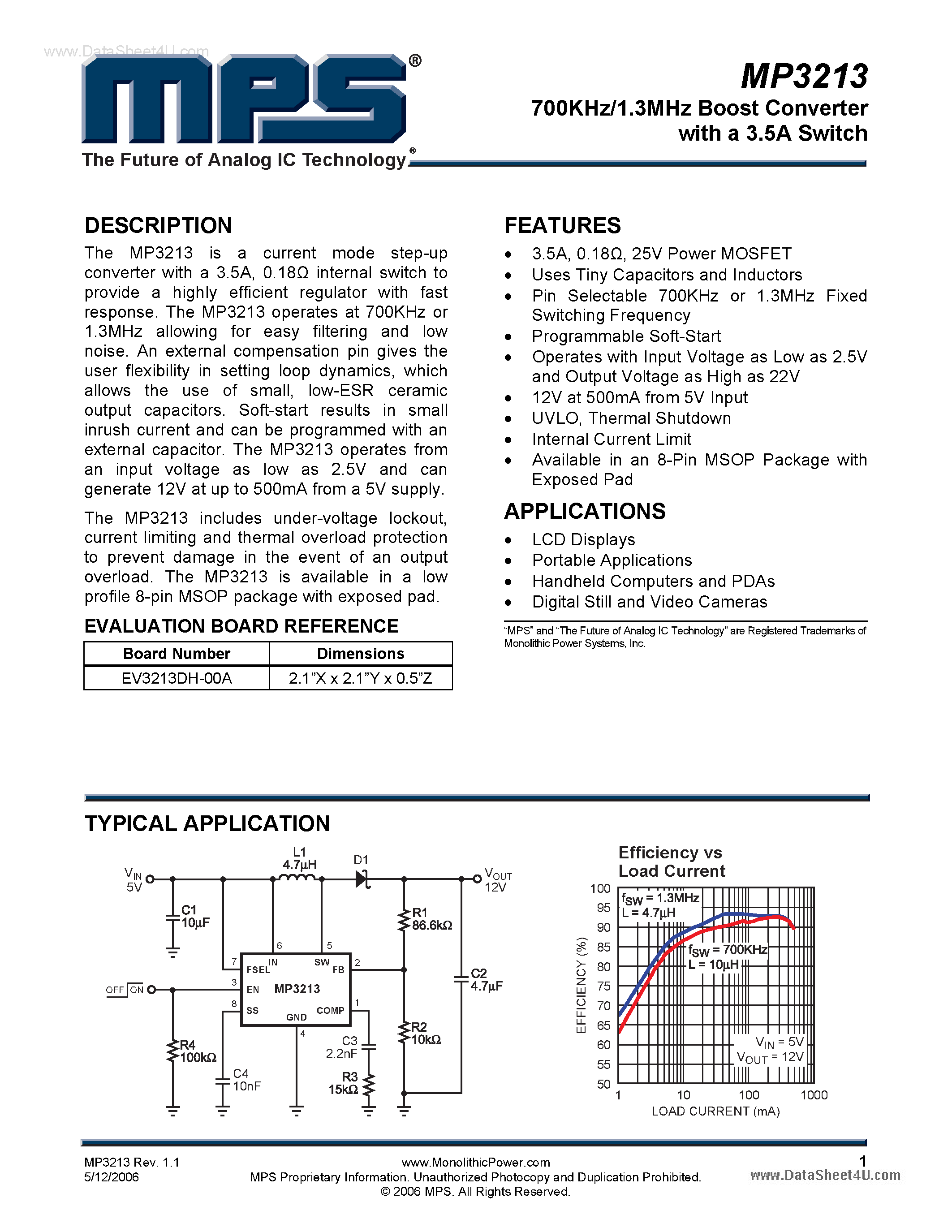Datasheet MP3213 - 700KHz/1.3MHz Boost Converter page 1