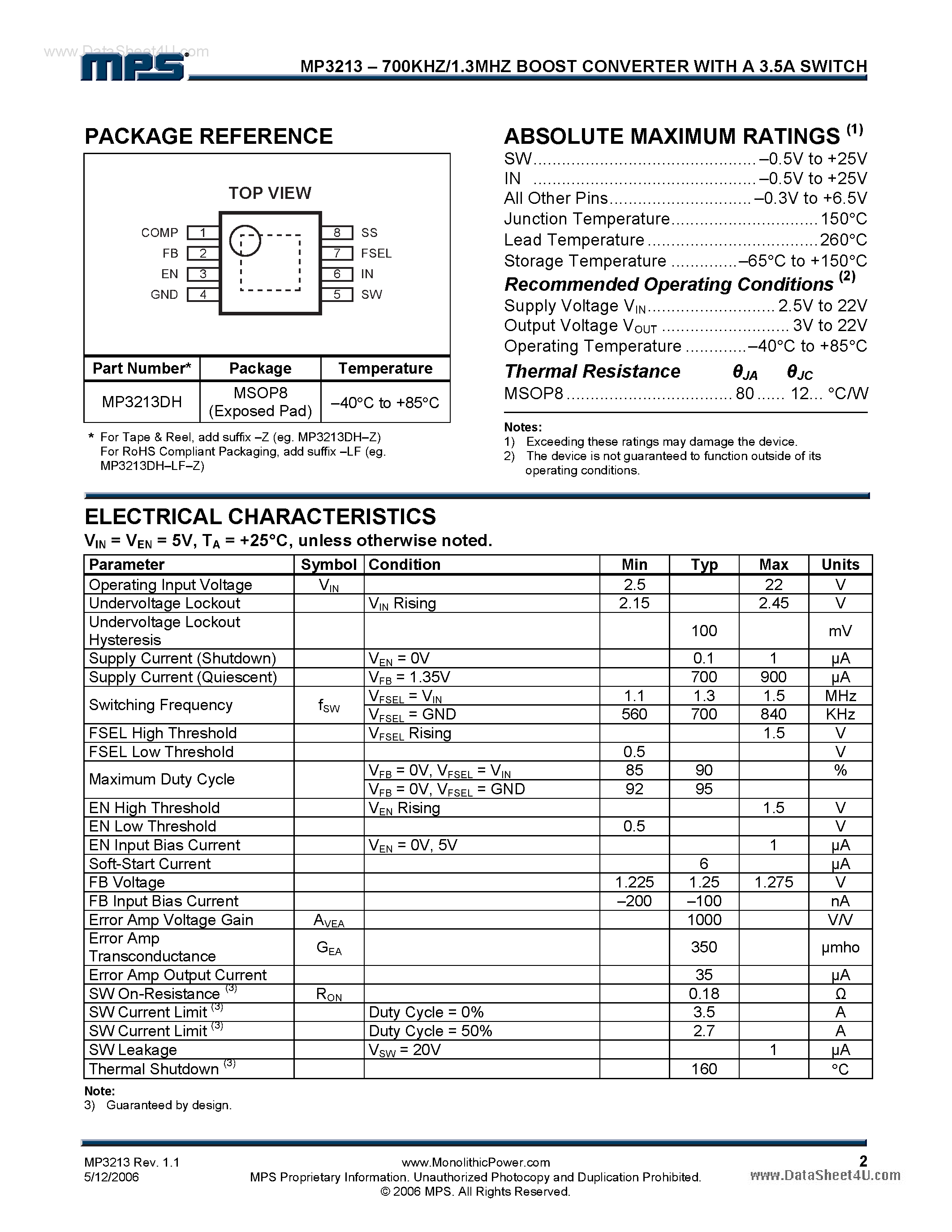 Datasheet MP3213 - 700KHz/1.3MHz Boost Converter page 2