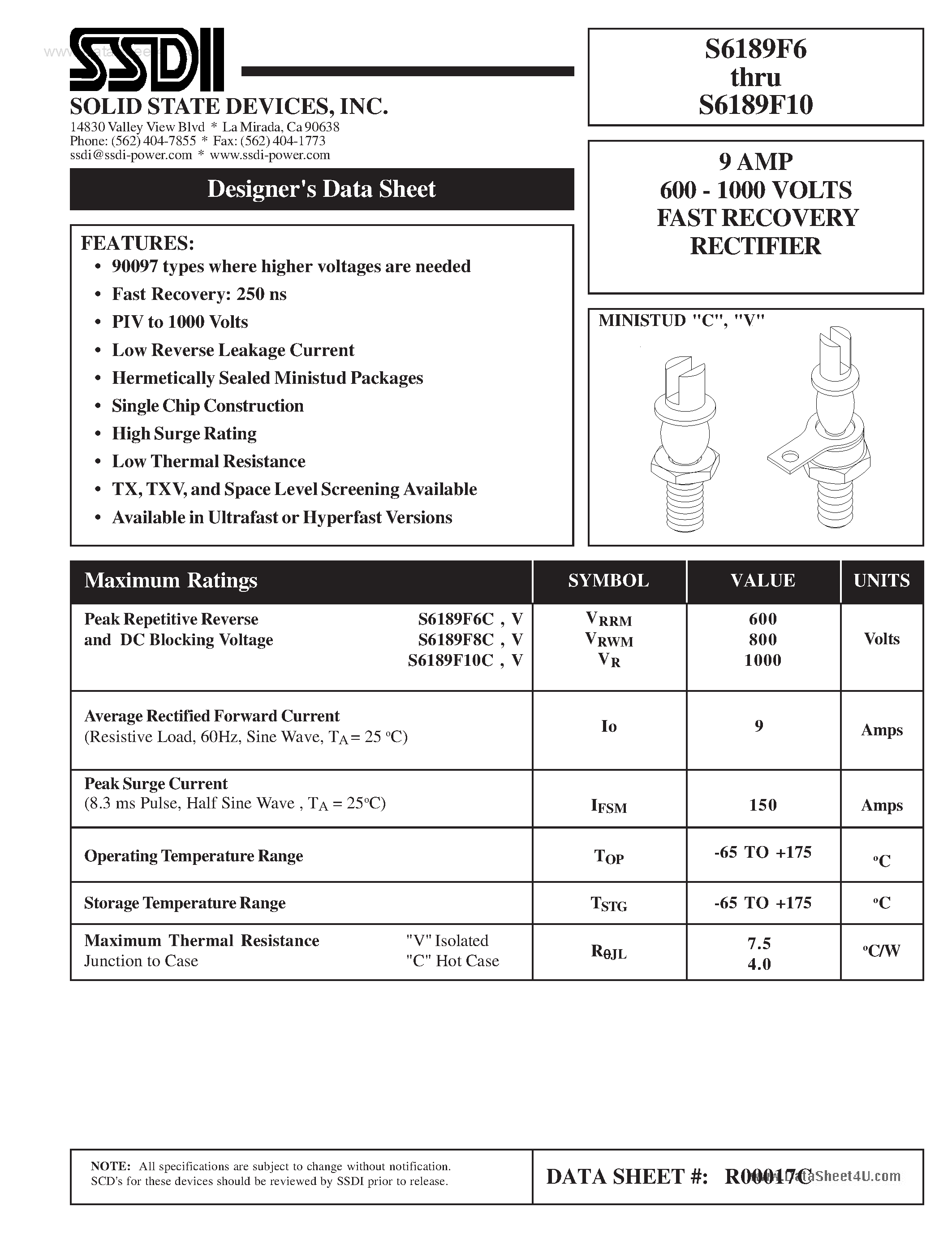 Datasheet S6189F10C page 1 Datasheet S6189F10C - (S6189F6 - S6189F10) FAST RECOVERY RECTIFIER page 1
