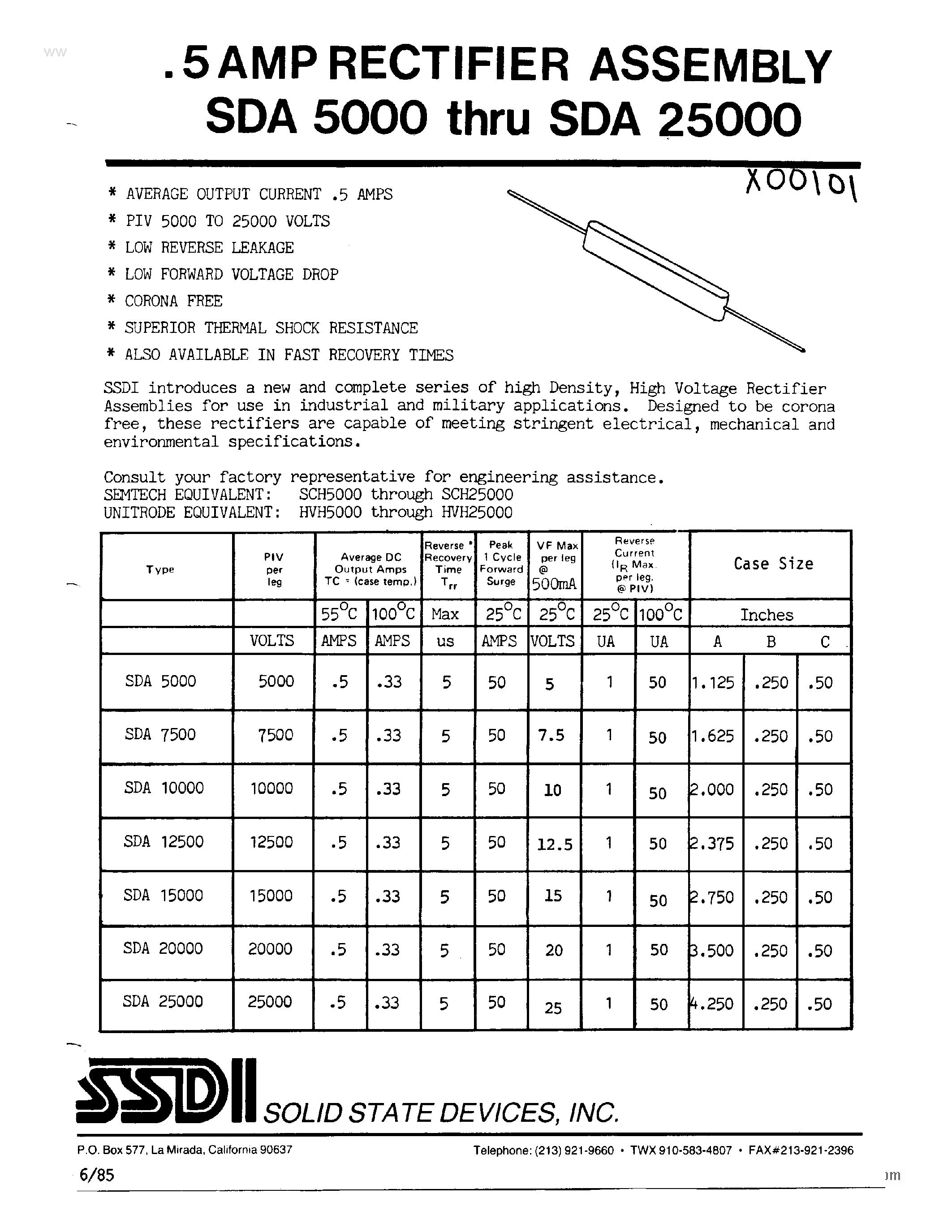 Datasheet SDA10000 page 1 Datasheet SDA10000 - (SDA5000 - SDA25000) 5 AMP RECITIFIER ASSEMBLY page 1