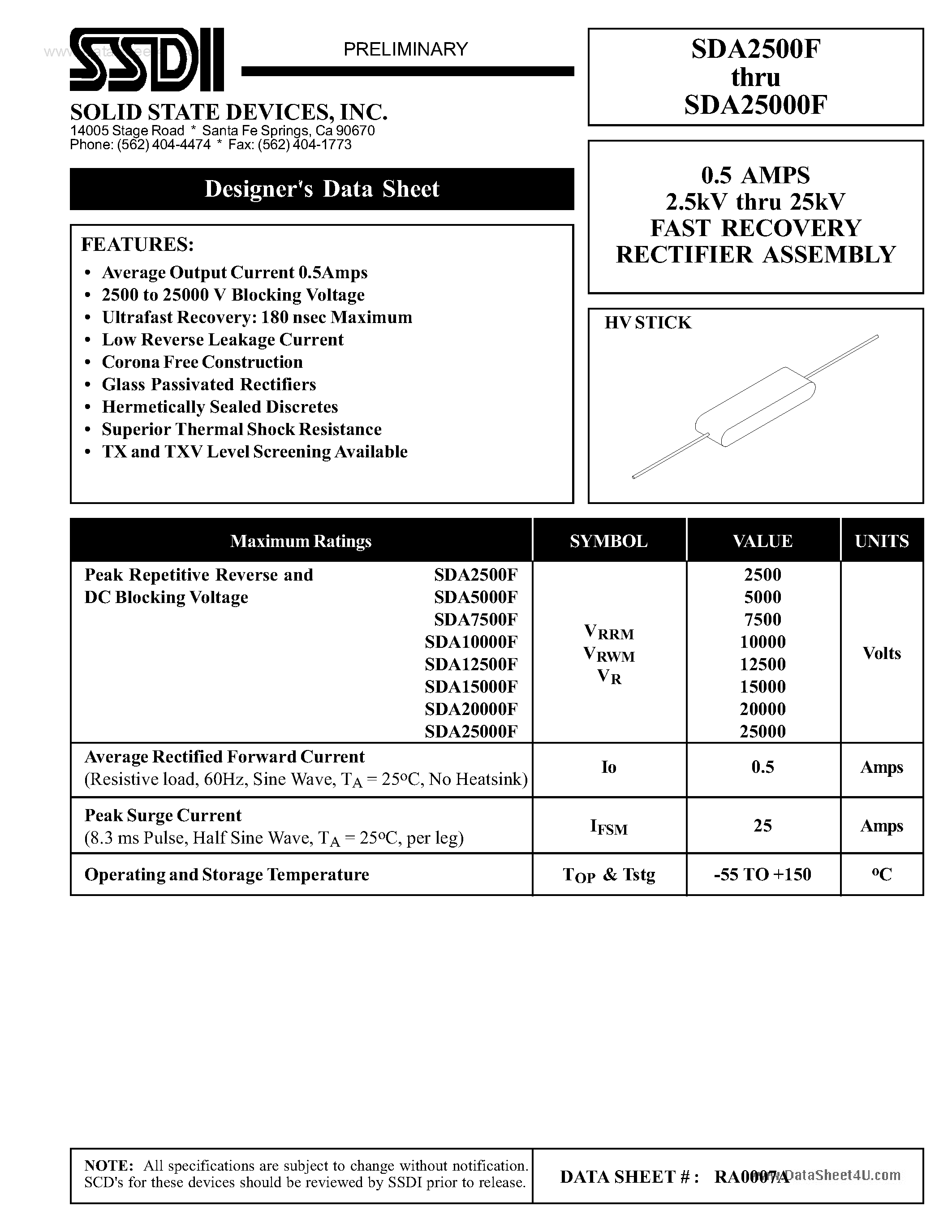 Datasheet SDA10000F page 1 Datasheet SDA10000F - (SDA2500F - SDA25000F) FAST RECOVERY RECTIFIER ASSEMBLY page 1