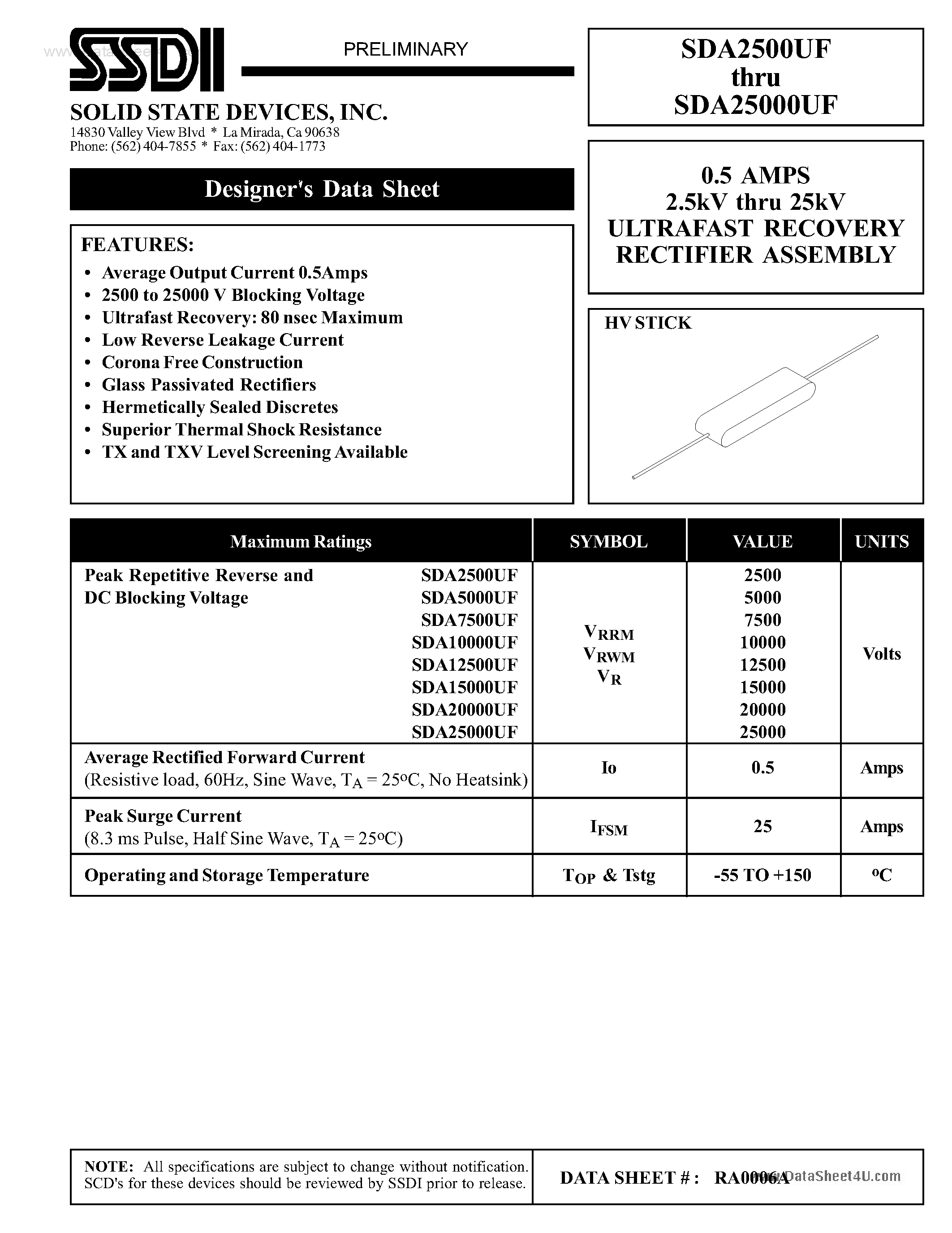 Datasheet SDA10000UF - (SDA2500UF - SDA25000UF) ULTRAFAST RECOVERY RECTIFIER ASSEMBLY page 1
