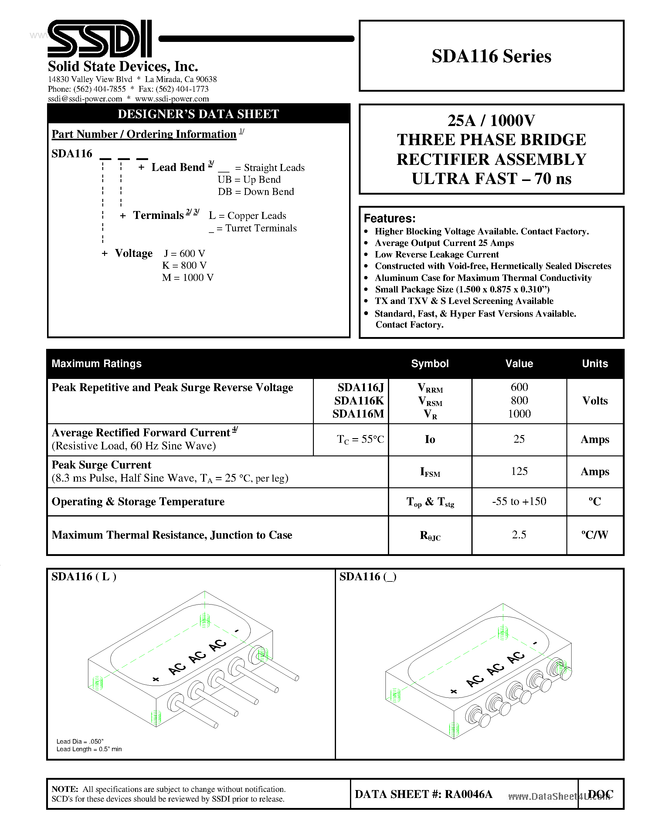Datasheet SDA116 page 1 Datasheet SDA116 - 25A / 1000V THREE PHASE BRIDGE RECTIFIER ASSEMBLY ULTRA FAST page 1