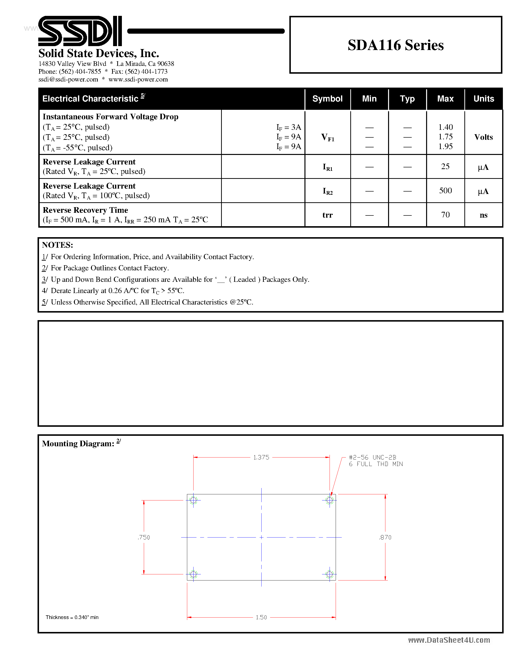 Datasheet SDA116 page 2 Datasheet SDA116 - 25A / 1000V THREE PHASE BRIDGE RECTIFIER ASSEMBLY ULTRA FAST page 2