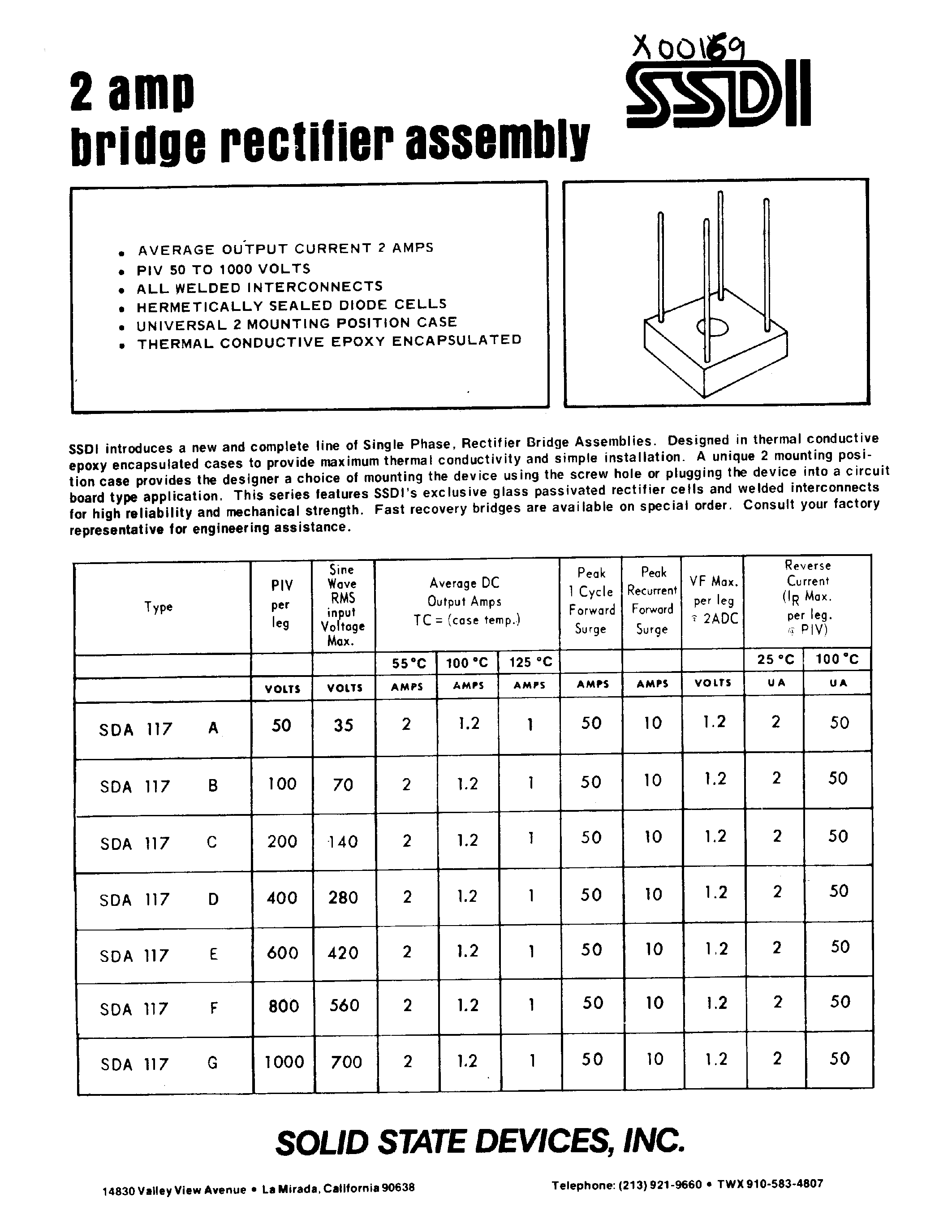 Datasheet SDA117 page 1 Datasheet SDA117 - 2AMP BRIDGE RECTIFIER ASSEMBLY page 1
