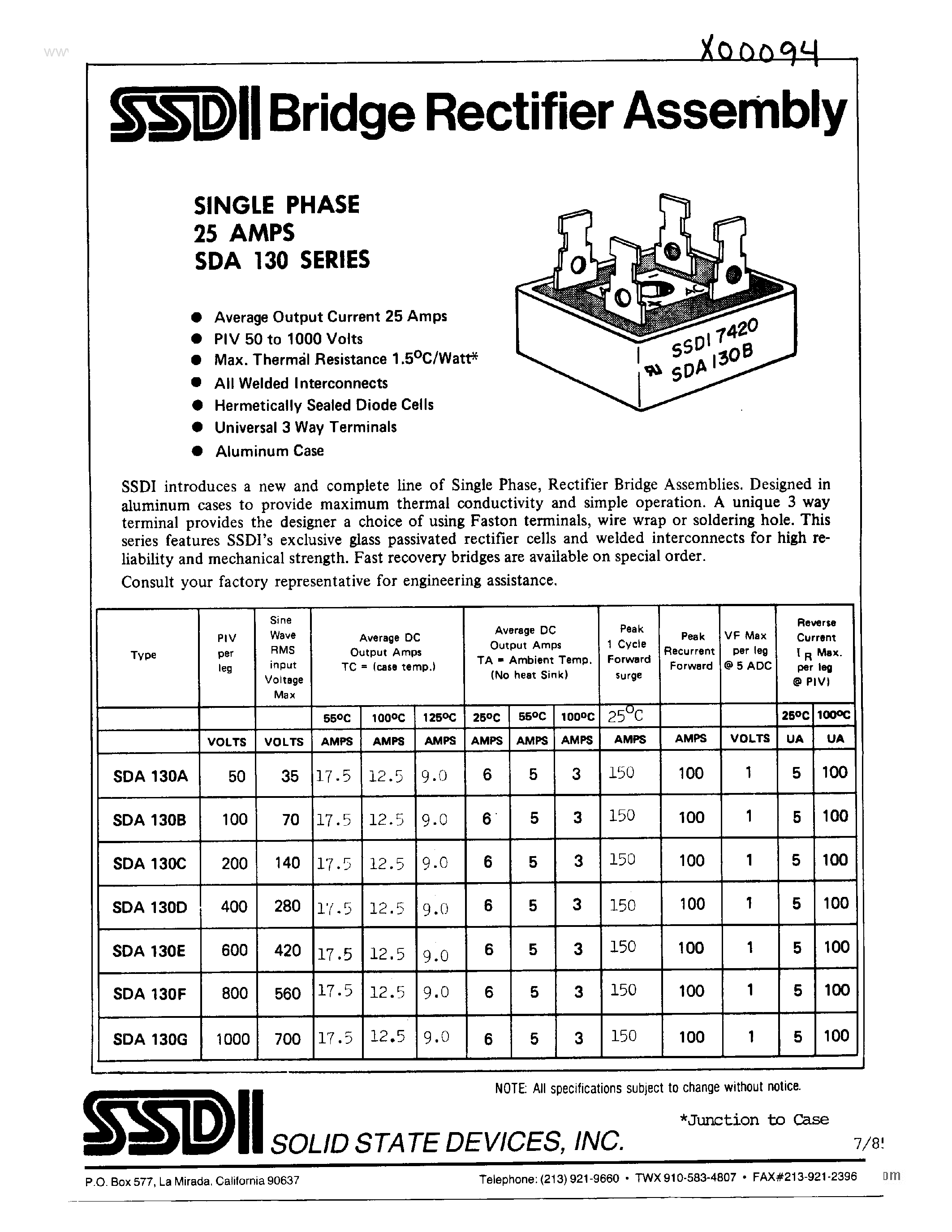 Datasheet SDA130 page 1 Datasheet SDA130 - BRIDGE RECTIFIER ASSEMBLY page 1