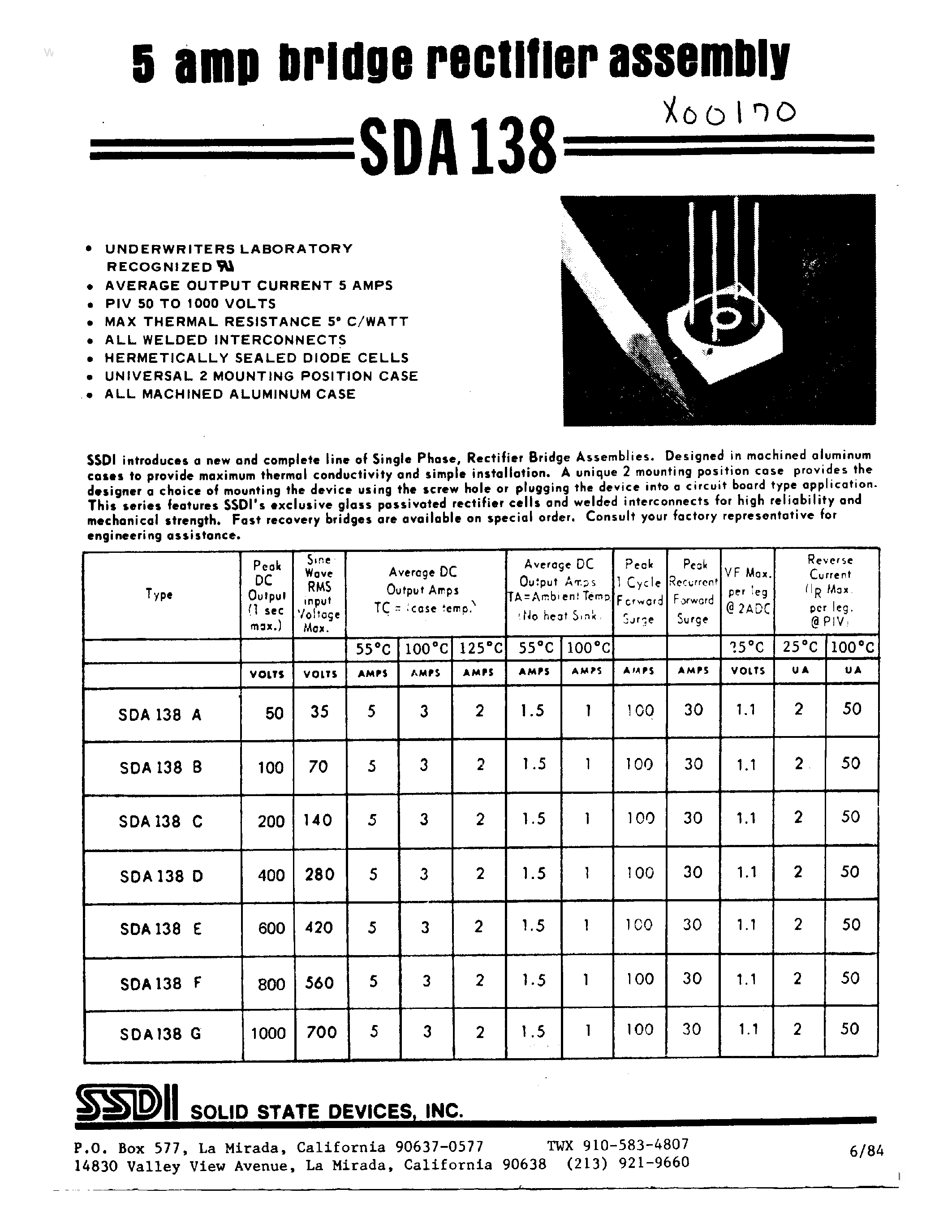 Datasheet SDA138 page 1 Datasheet SDA138 - 5 AMP BRIDGE RECTIFIER ASSEMBLY page 1