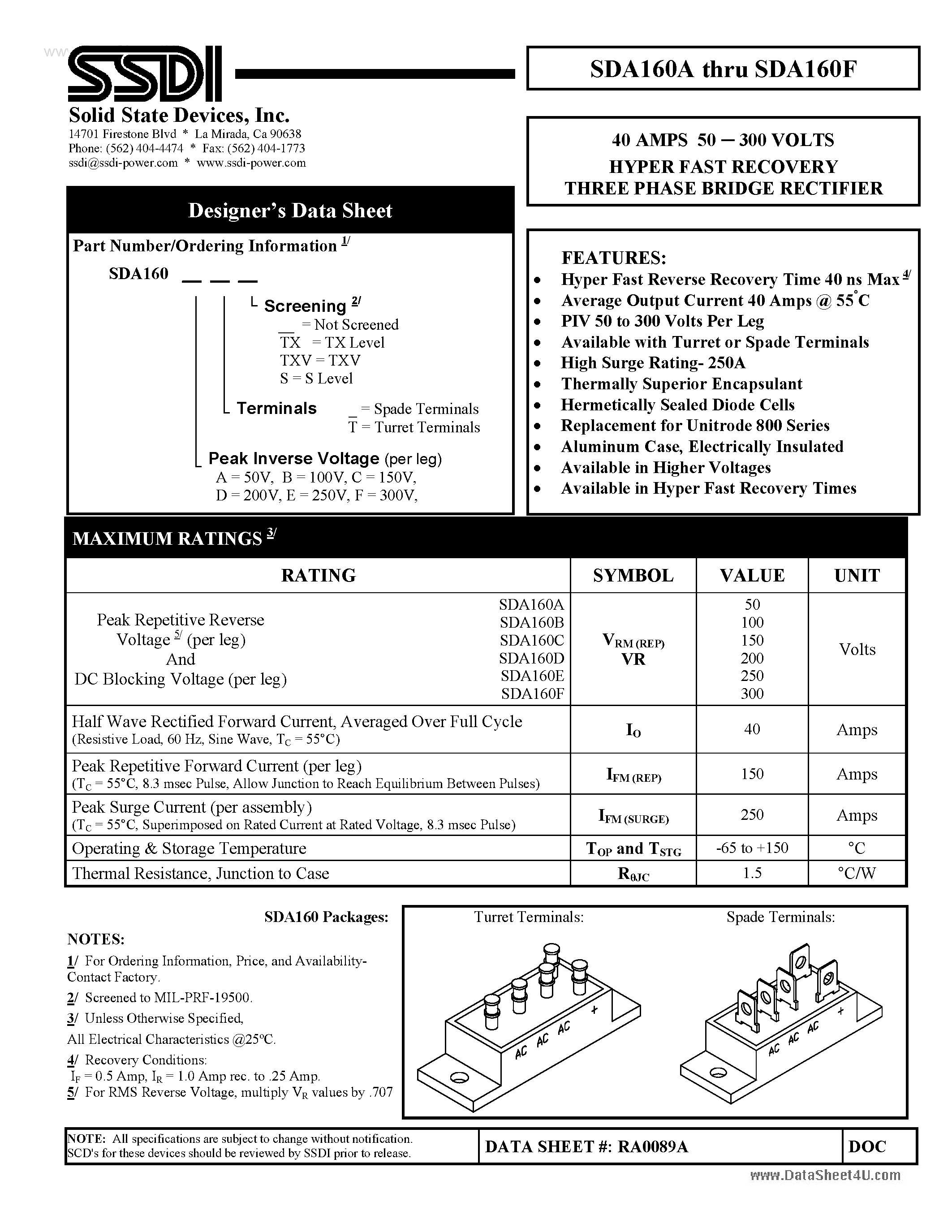 Datasheet SDA160A - (SDA160x) HYPER FAST RECOVERY THREE PHASE BRIDGE RECTIFIER page 1
