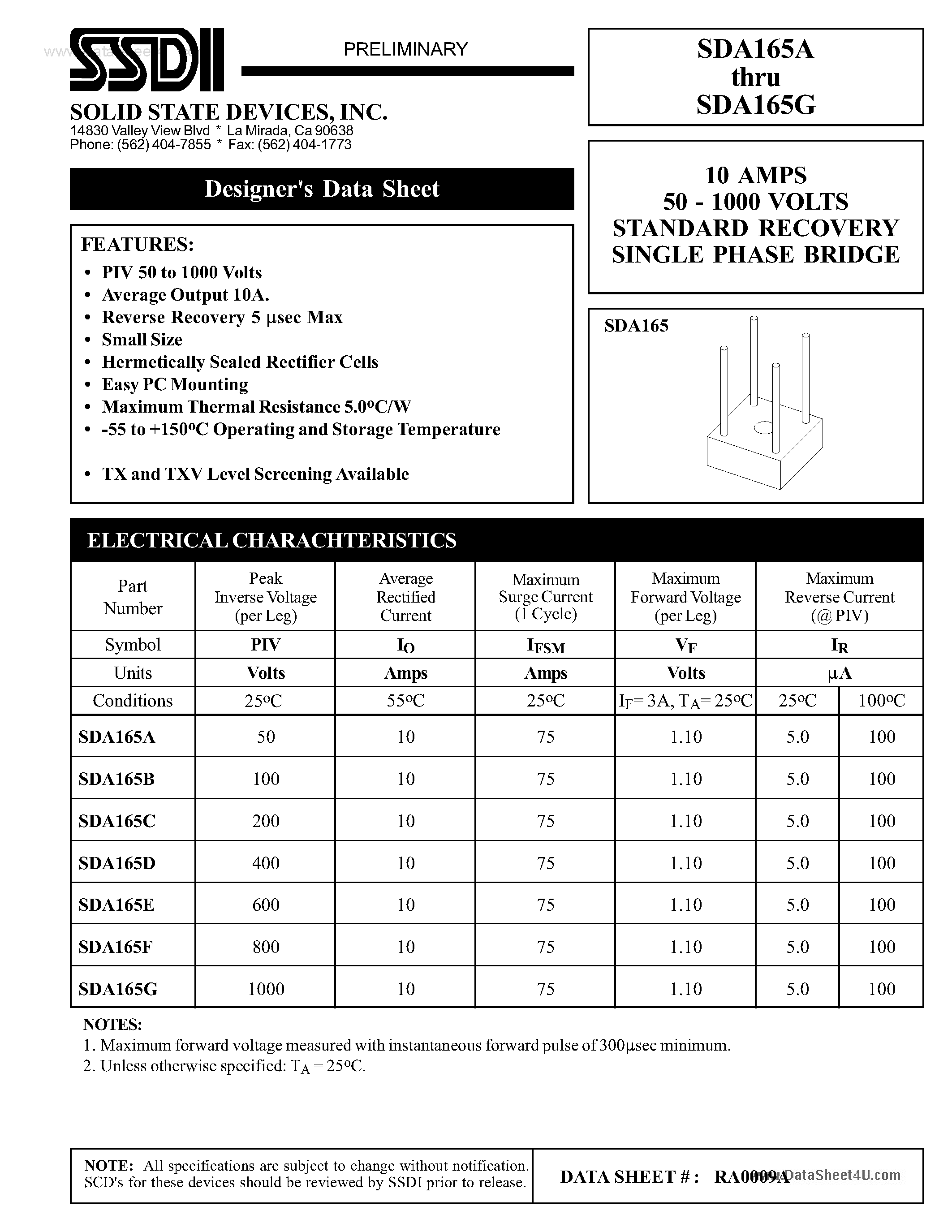 Даташит на микросхему SDA165A страница 1 Даташит SDA165A - (SDA165x) STANDARD RECOVERY SINGLE PHASE BRIDGE страница 1