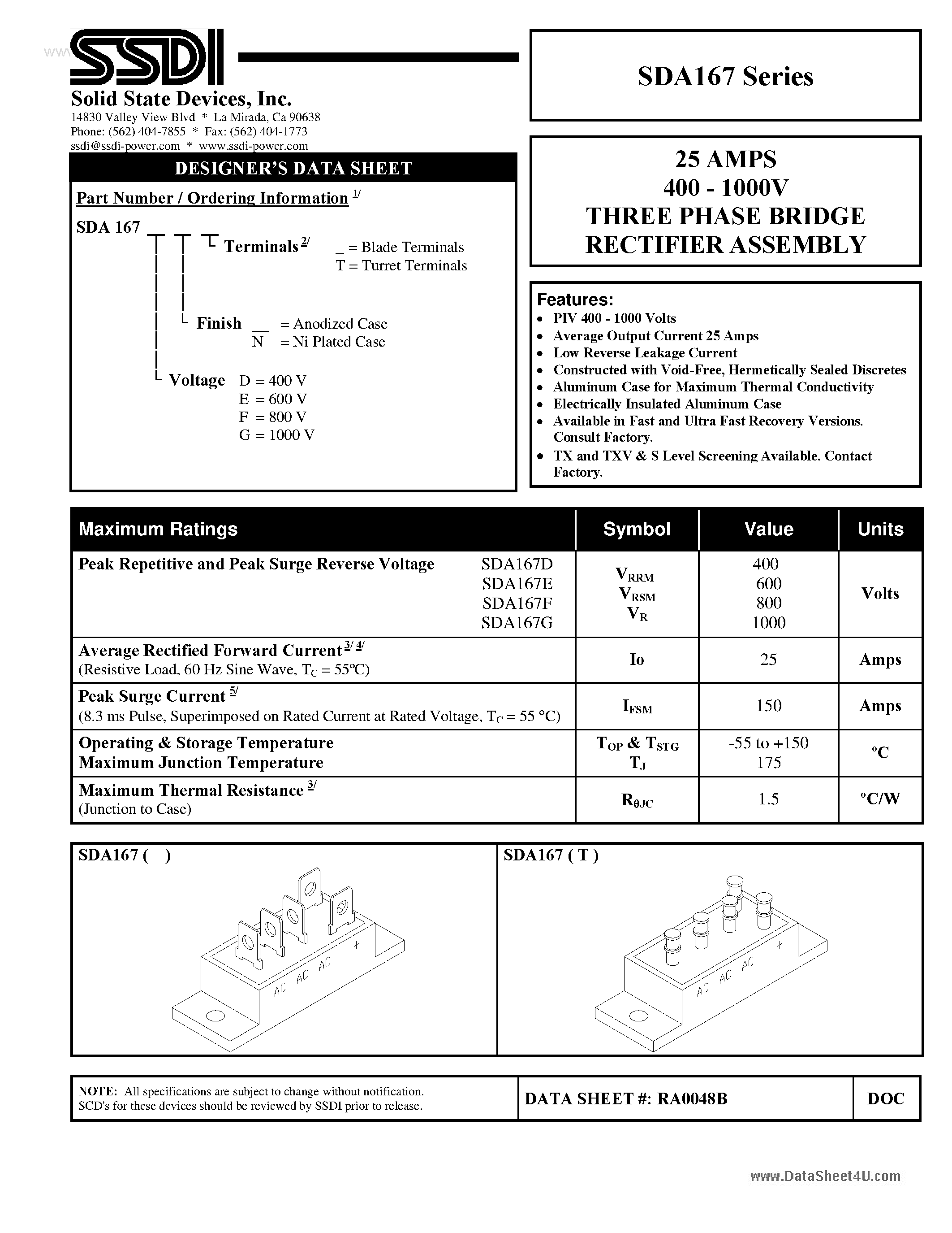 Datasheet SDA167 - THREE PHASE BRIDGE RECTIFIER ASSEMBLY page 1
