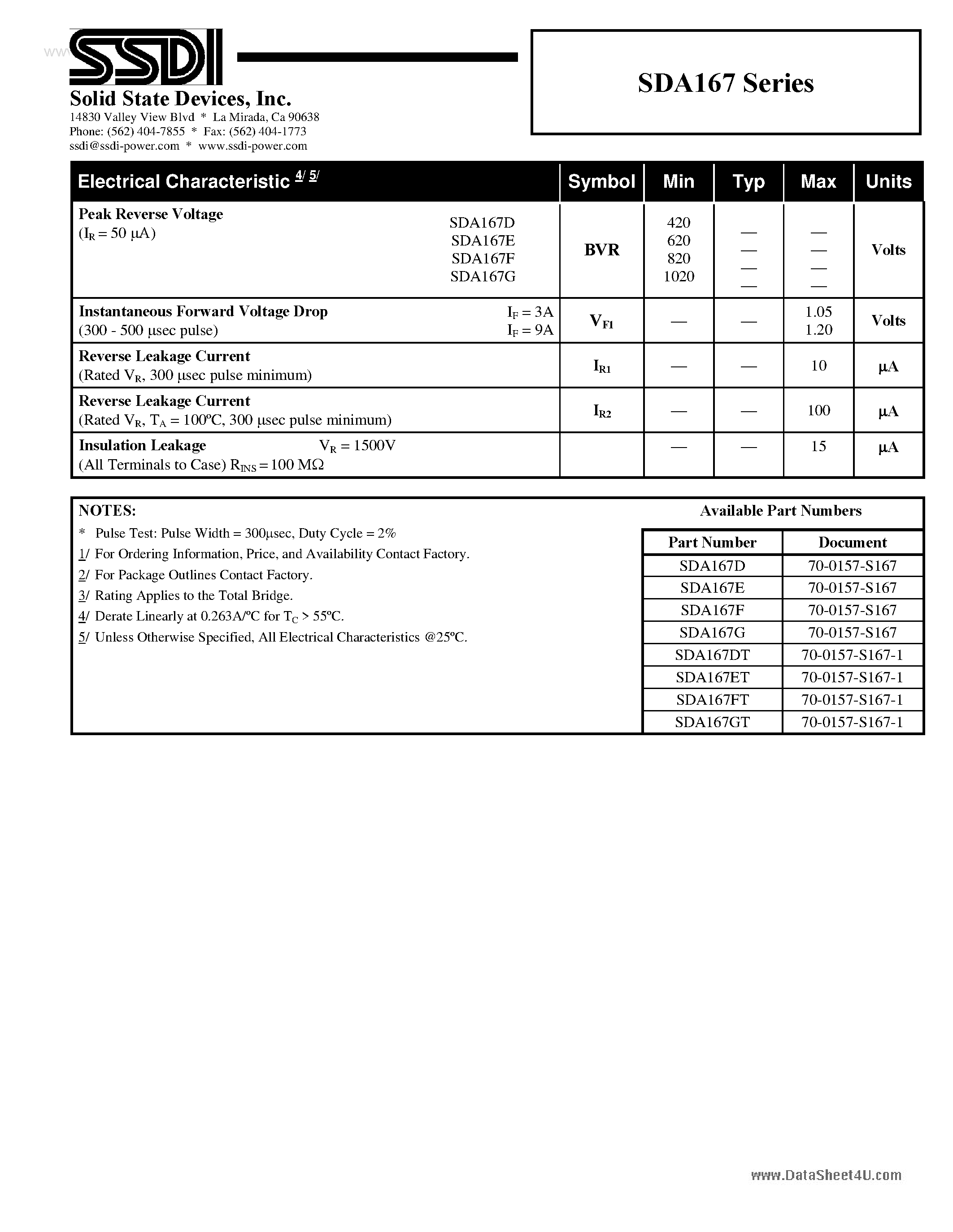 Datasheet SDA167 - THREE PHASE BRIDGE RECTIFIER ASSEMBLY page 2