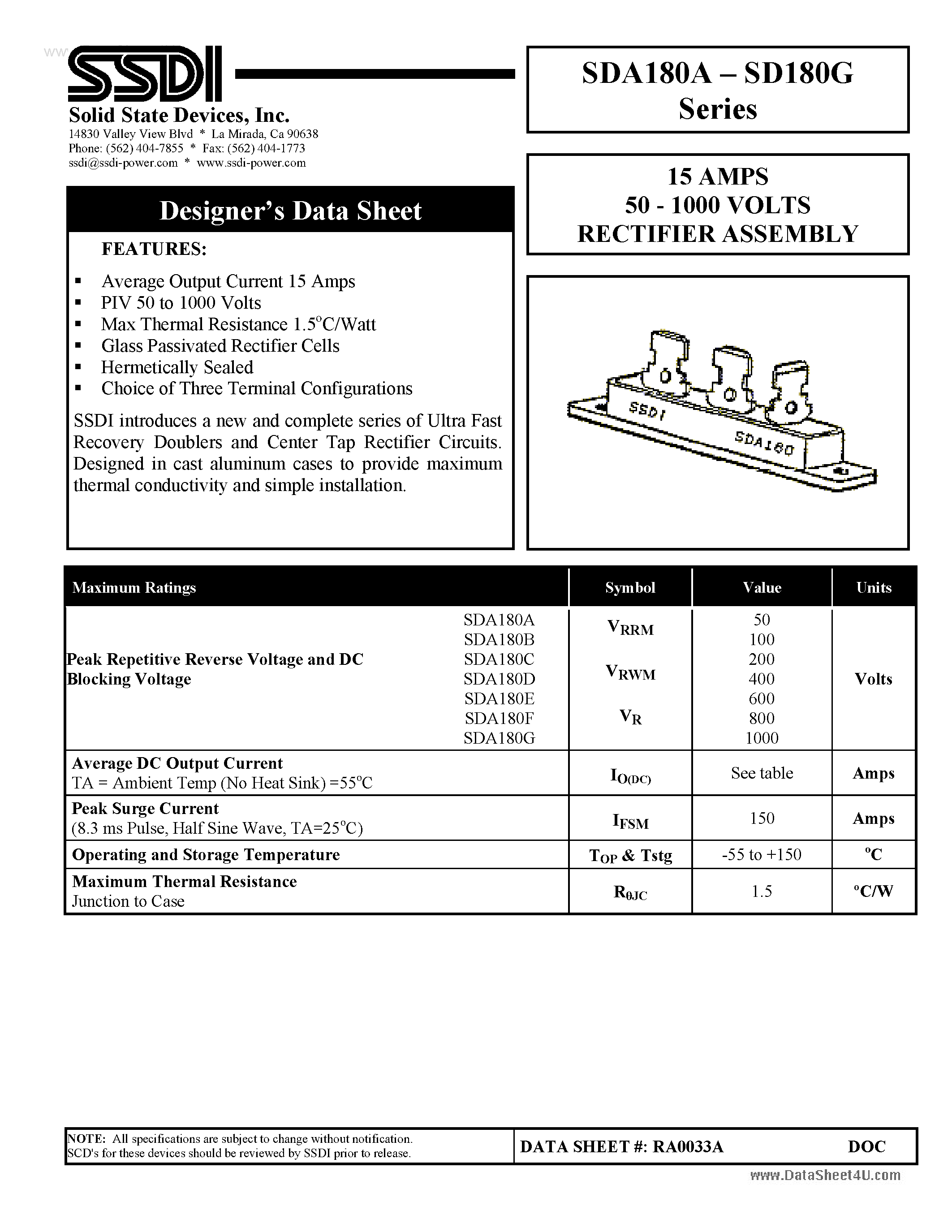 Datasheet SDA180A page 1 Datasheet SDA180A - (SDA180x) RECTIFIER ASSEMBLY page 1