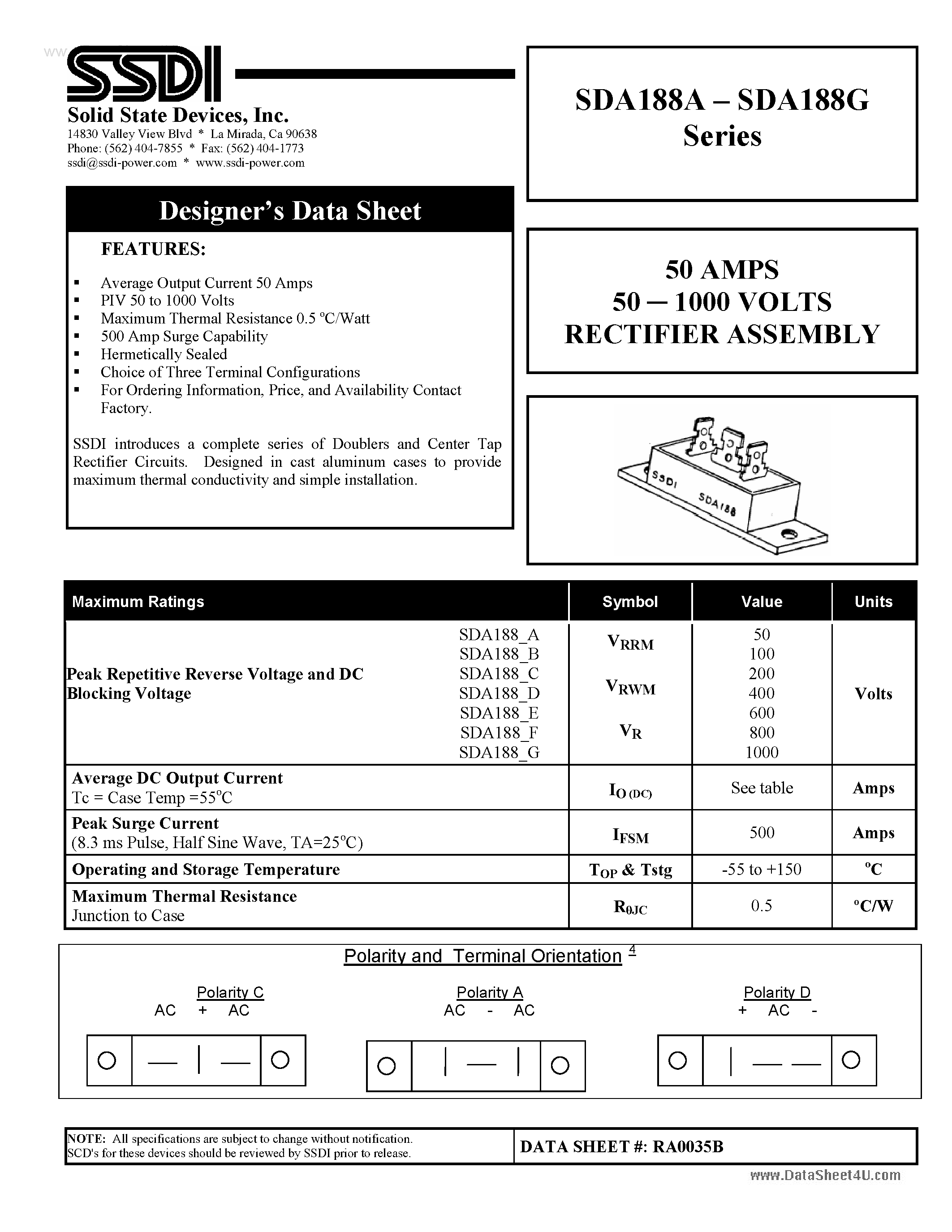 Datasheet SDA188A page 1 Datasheet SDA188A - (SDA188x) RECTIFIER ASSEMBLY page 1