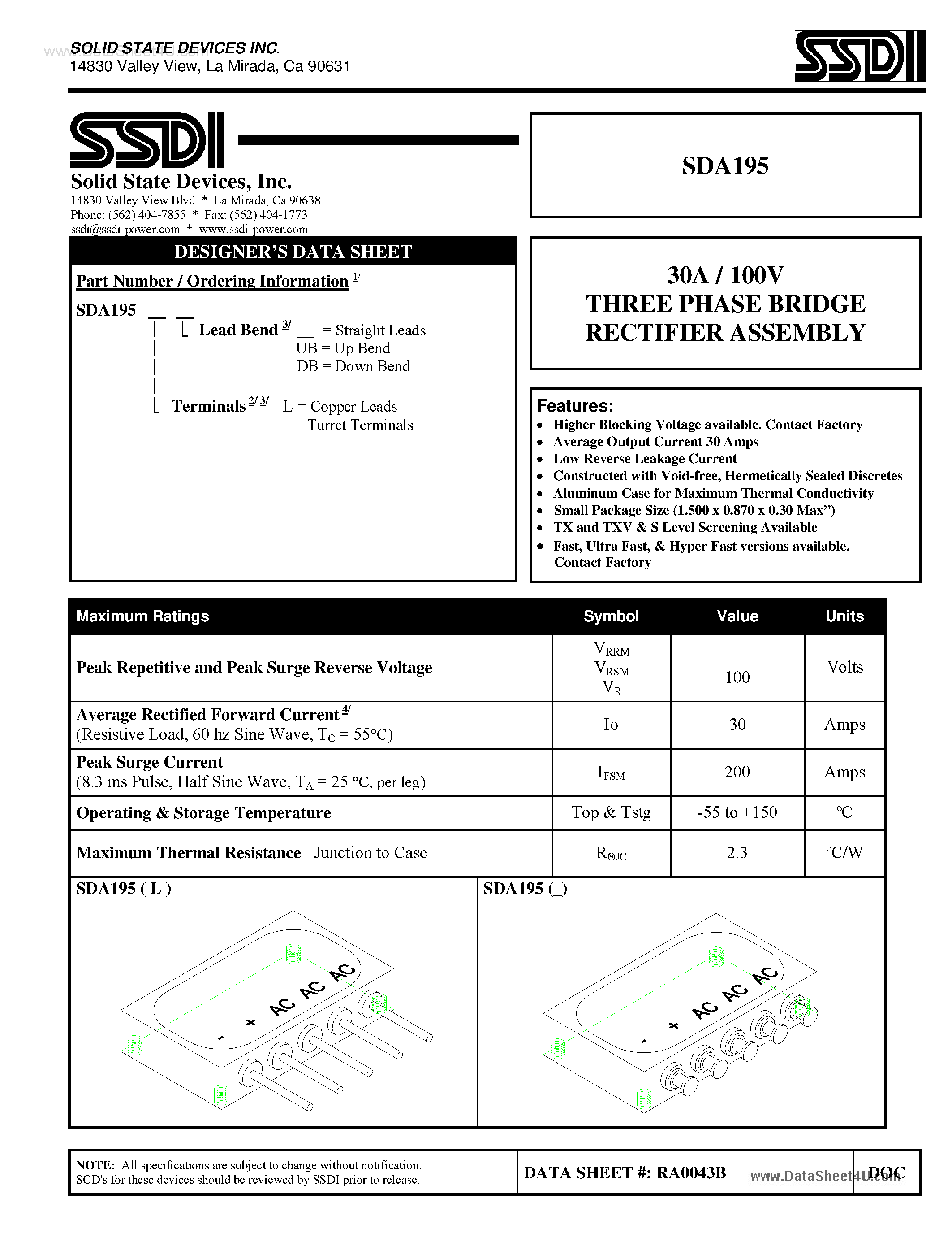 Datasheet SDA195 - THREE PHASE BRIDGE RECTIFIER ASSEMBLY page 1
