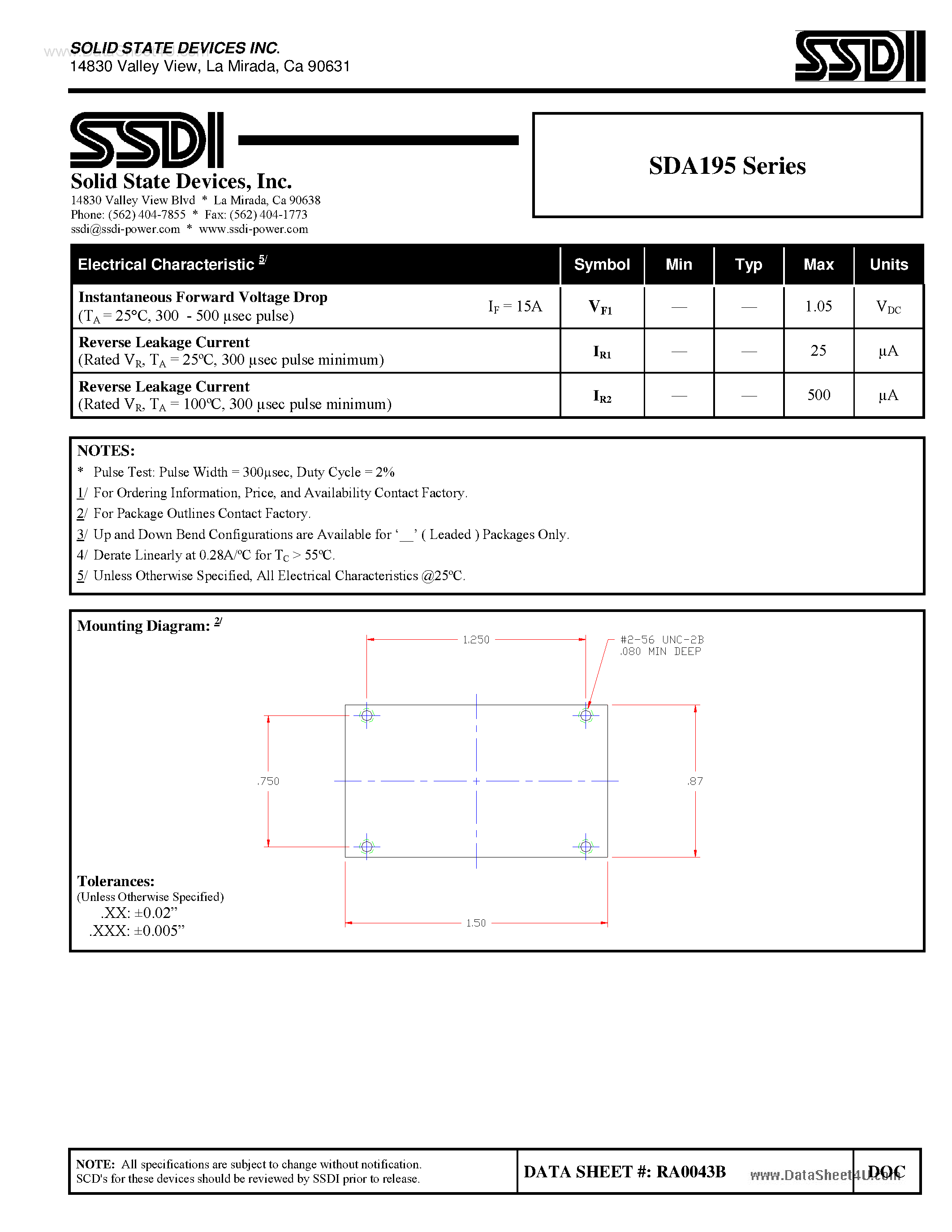 Datasheet SDA195 - THREE PHASE BRIDGE RECTIFIER ASSEMBLY page 2