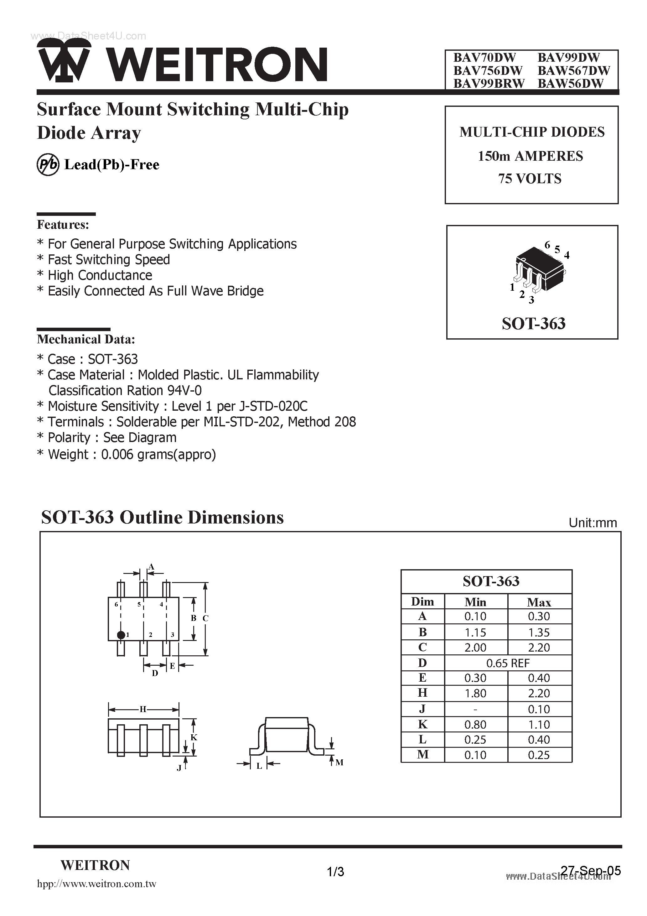 Datasheet BAV70DW page 1 Datasheet BAV70DW - (BAVxxDW) Surface Mount Switching Multi-Chip Diode Array page 1