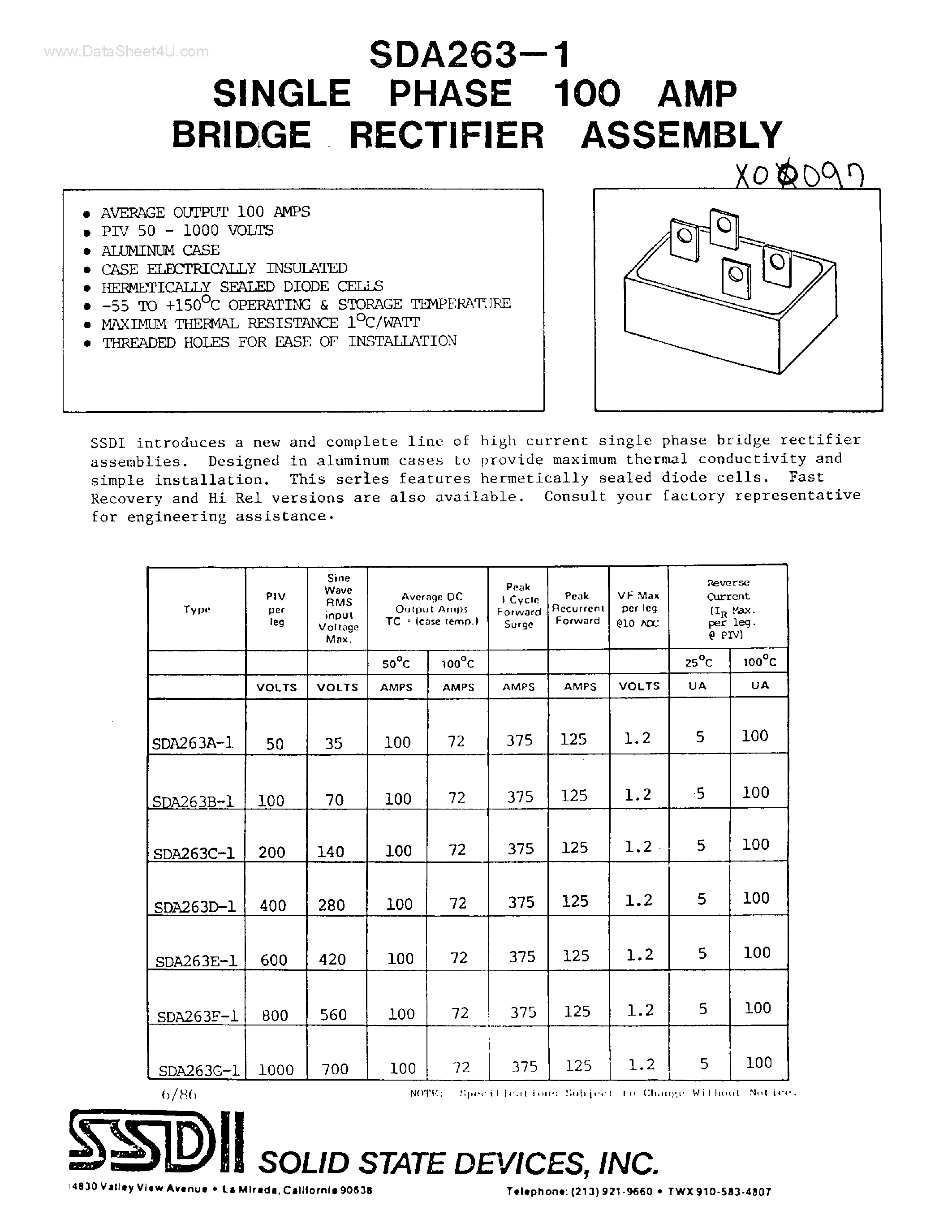 Datasheet SDA263-1 page 1 Datasheet SDA263-1 - SINGLE PHASE 100 AMP BRIDGE RECTIFIEGR ASSENBL page 1