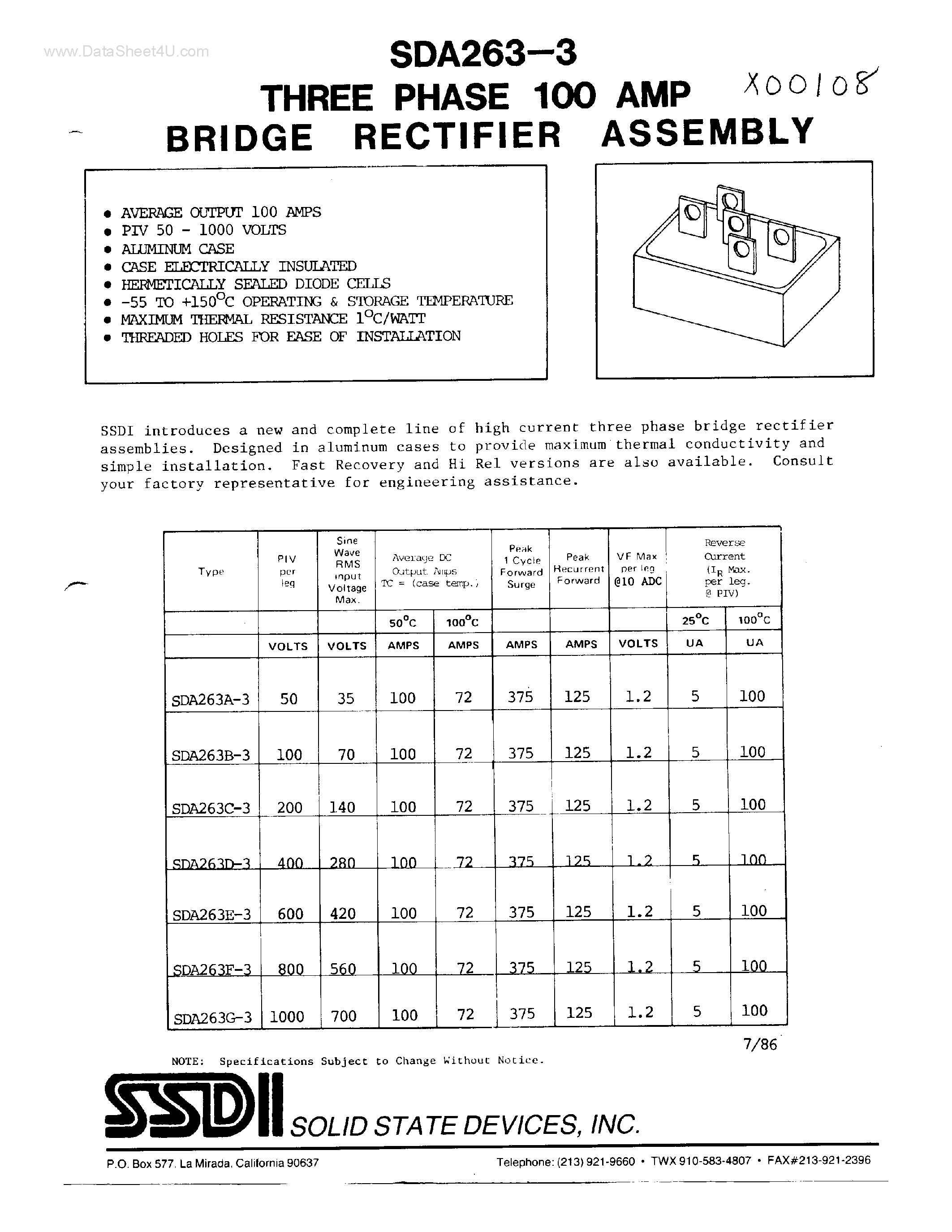 Datasheet SDA263-3 - THREE PHASE 100 AMP BRIDGE RECITIFIER ASSEMBLY page 1