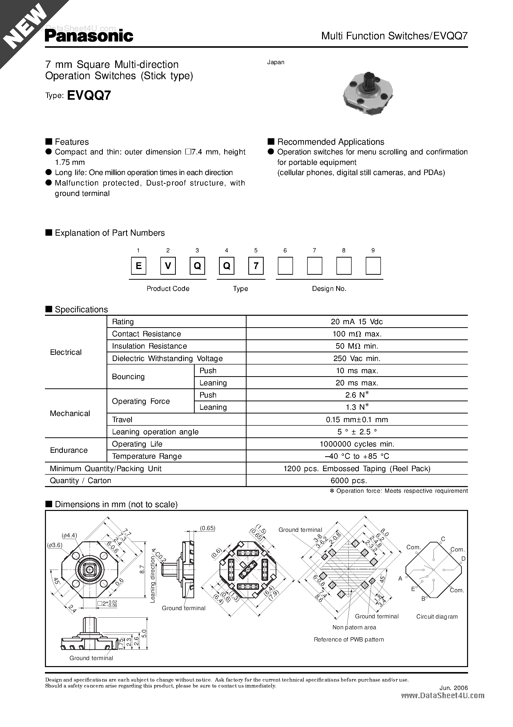 Даташит на микросхему EVQQ7 страница 1 Даташит EVQQ7 - 7mm Square Multi-Direction Operation Switches страница 1