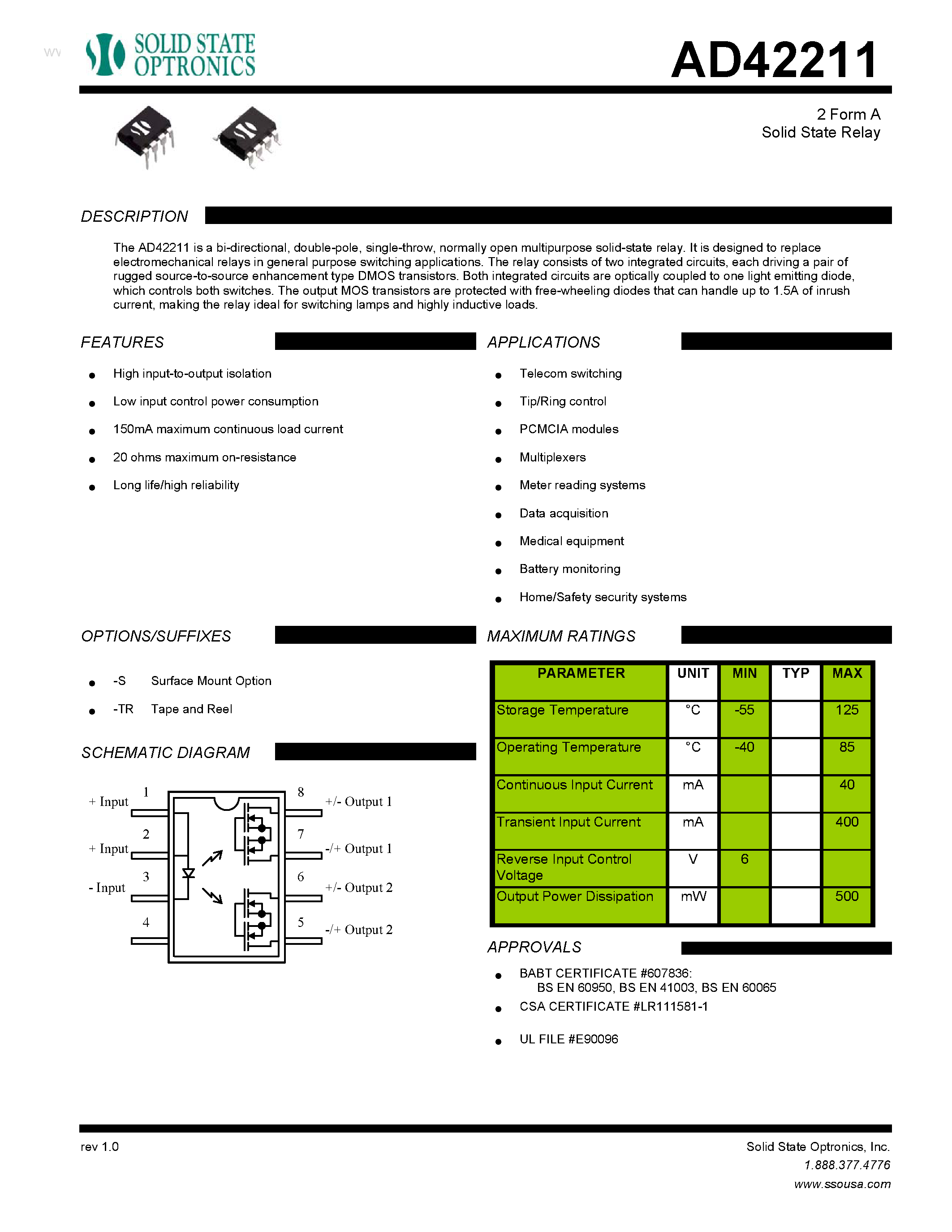 Datasheet AD42211 - 2 Form A Solid State Relay page 1