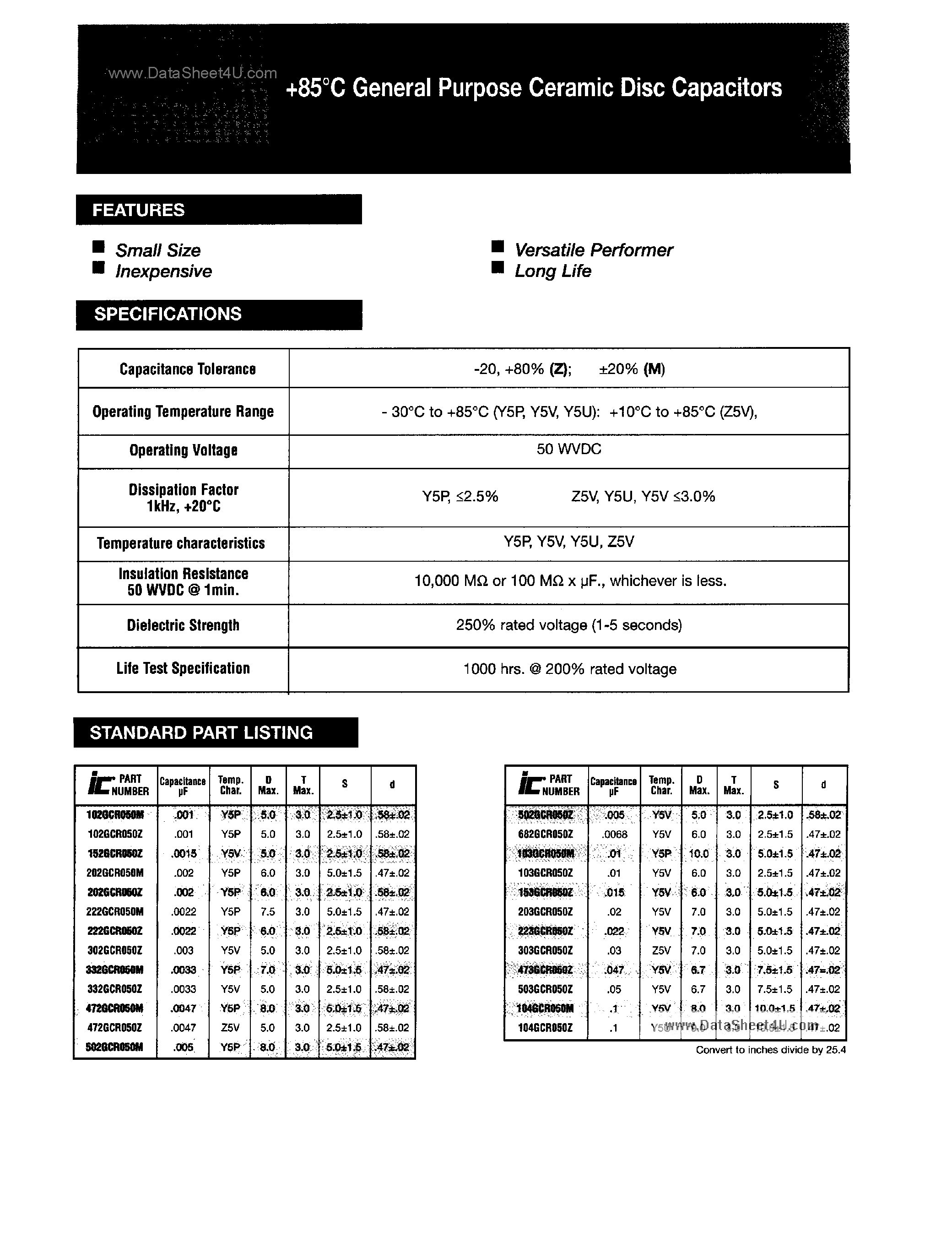 Datasheet 104GCR050M - General Purpose Ceramic Disc Capacitors page 1
