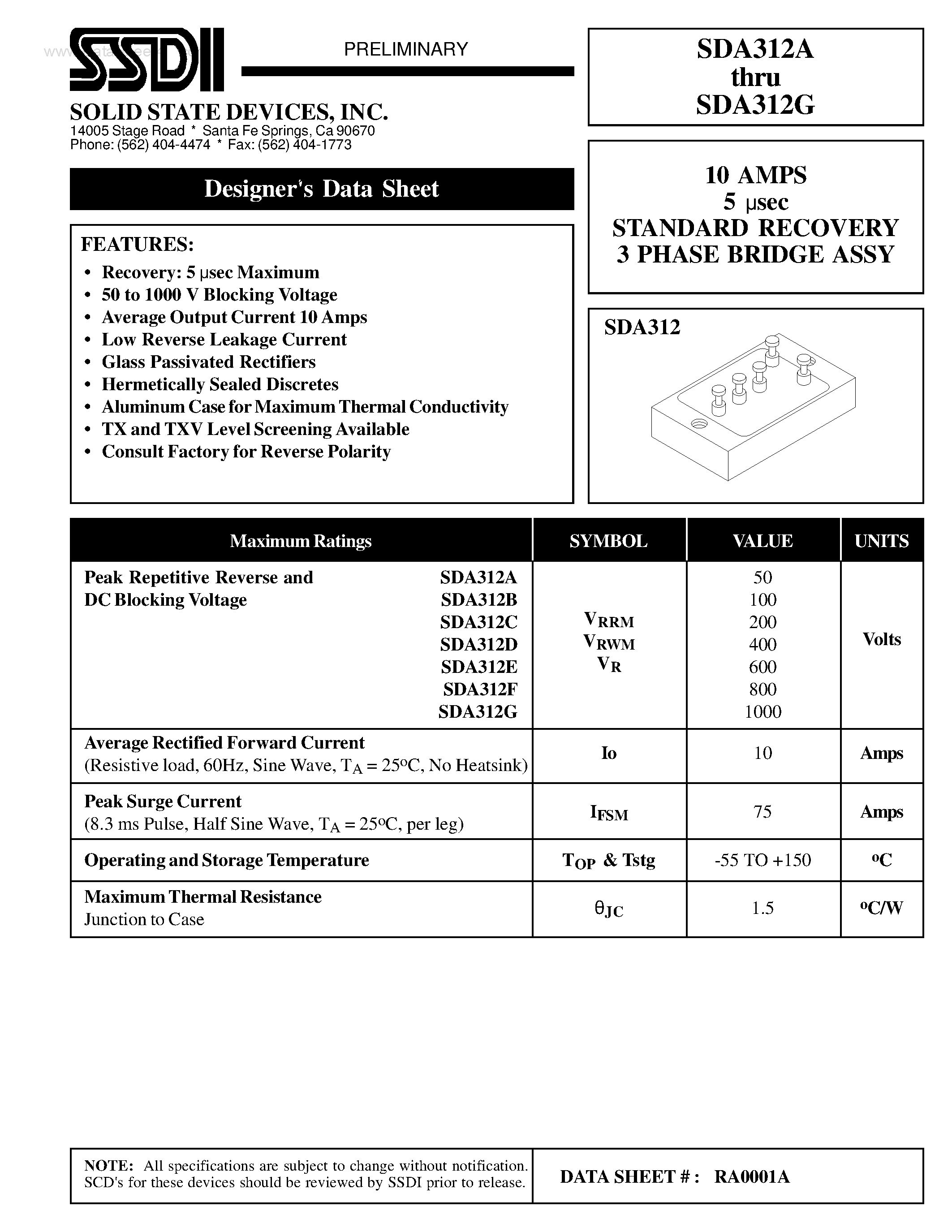 Datasheet SDA312A - (SDA312A - SDA312G) STANDARD RECOVERY 3 PHASE BRIDGE ASSY page 1