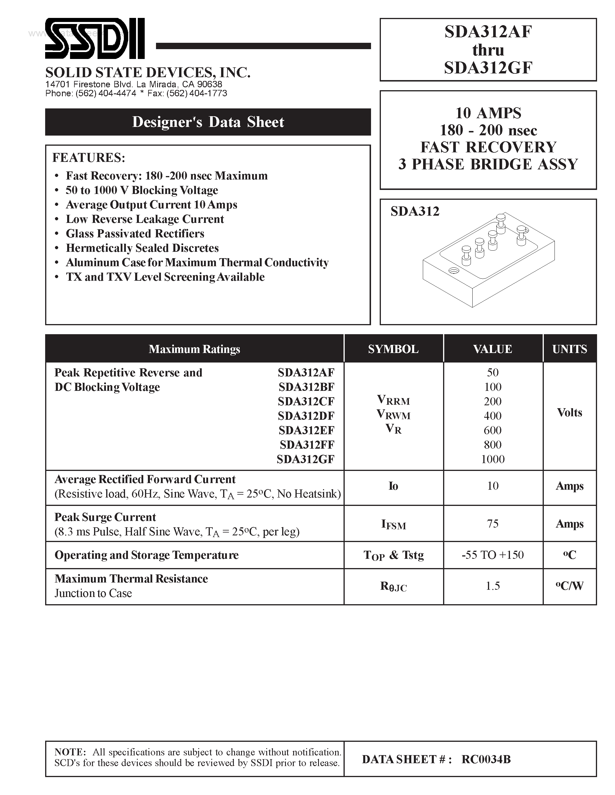 Datasheet SDA312AF page 1 Datasheet SDA312AF - (SDA312AF - SDA312GF) FAST RECOVERY 3 PHASE BRIDGE ASSY page 1