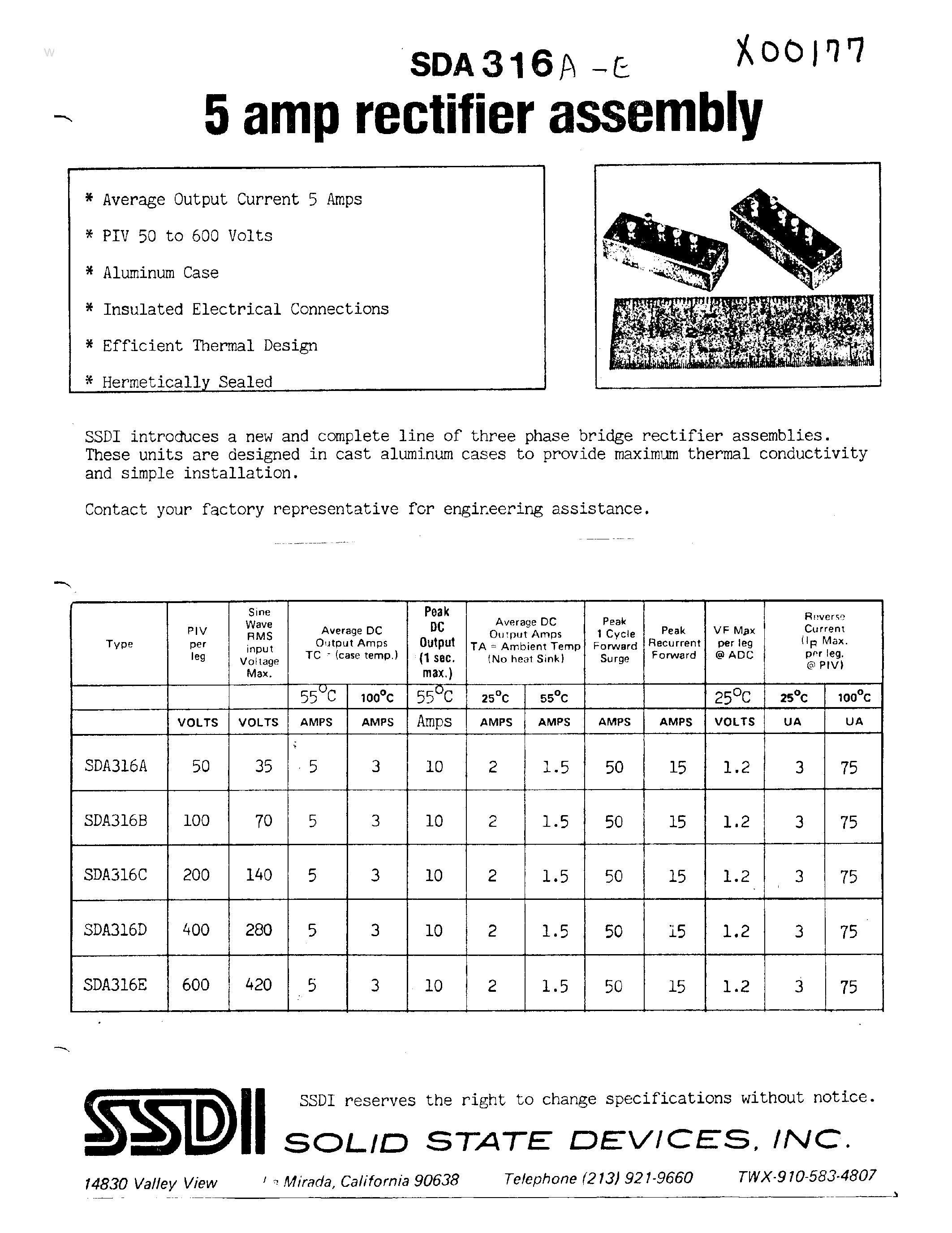 Datasheet SDA316 - 5 AMP BRIDGE RECTIFIER ASSEMBLY page 1