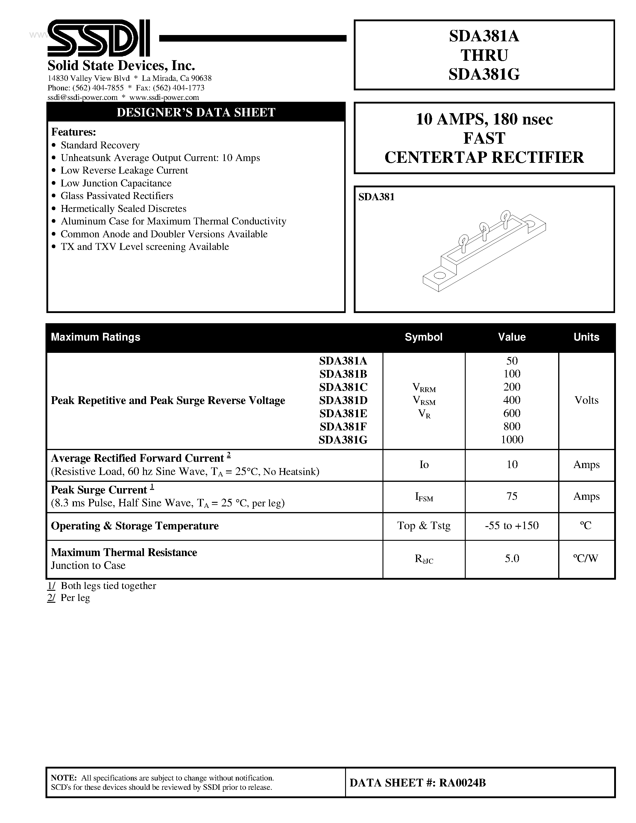 Datasheet SDA381A page 1 Datasheet SDA381A - (SDA381A - SDA381G) FAST CENTERTAP RECTIFIER page 1