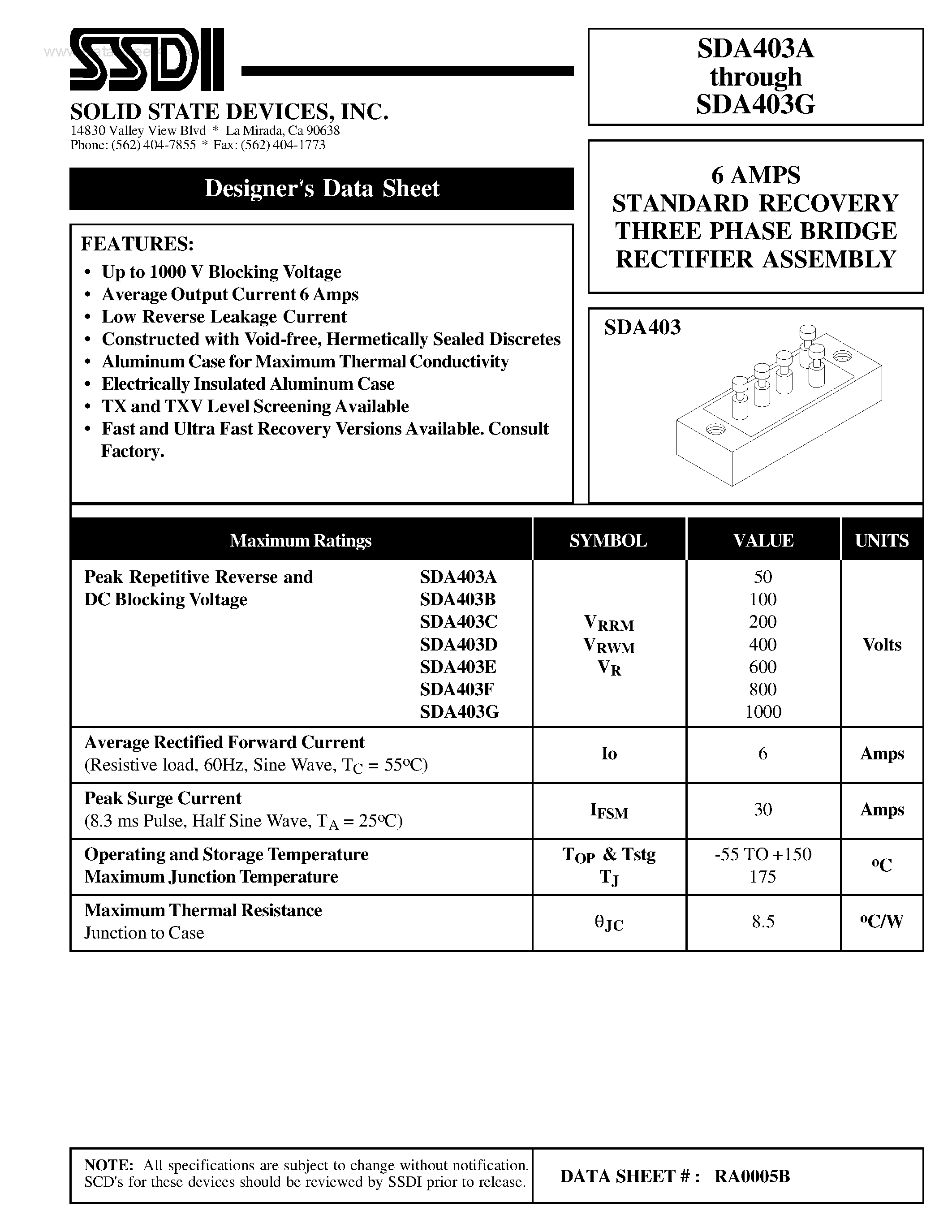 Datasheet SDA403A - (SDA403A - SDA403G) 6 AMPS STANDARD RECOVERY THREE PHASE BRIDGE RECTIFIER ASSEMBLY page 1